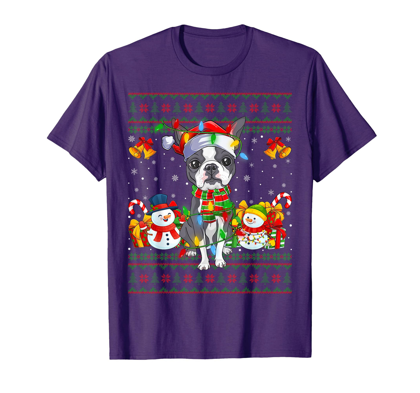 Boston Terrier Dog Ugly Christmas Sweaters Lights Dog Xmas T-Shirt