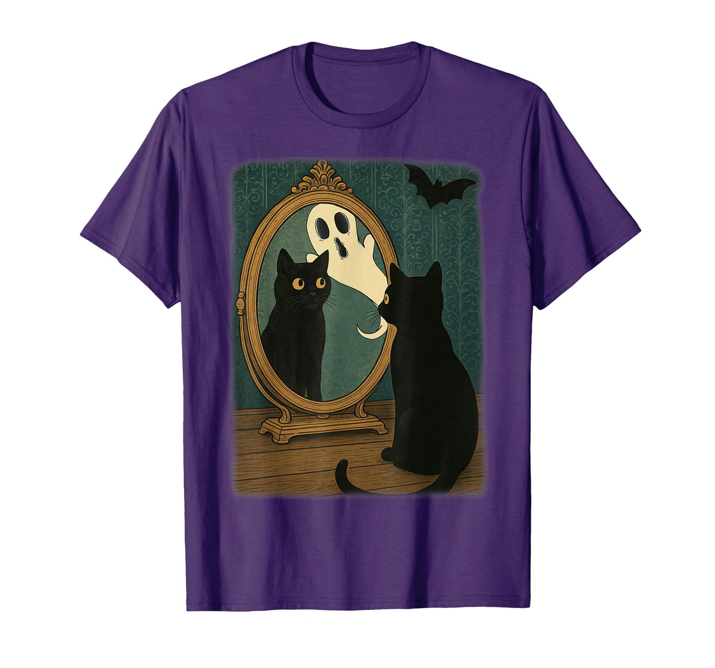 Vintage Halloween Black Cat Ghost in Mirror Cat Lover Womens T-Shirt
