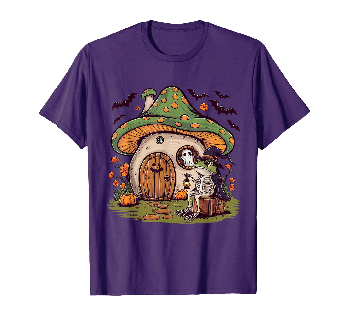 Frog Skeleton Mushroom House Funny Halloween Ghost Pumpkin T-Shirt