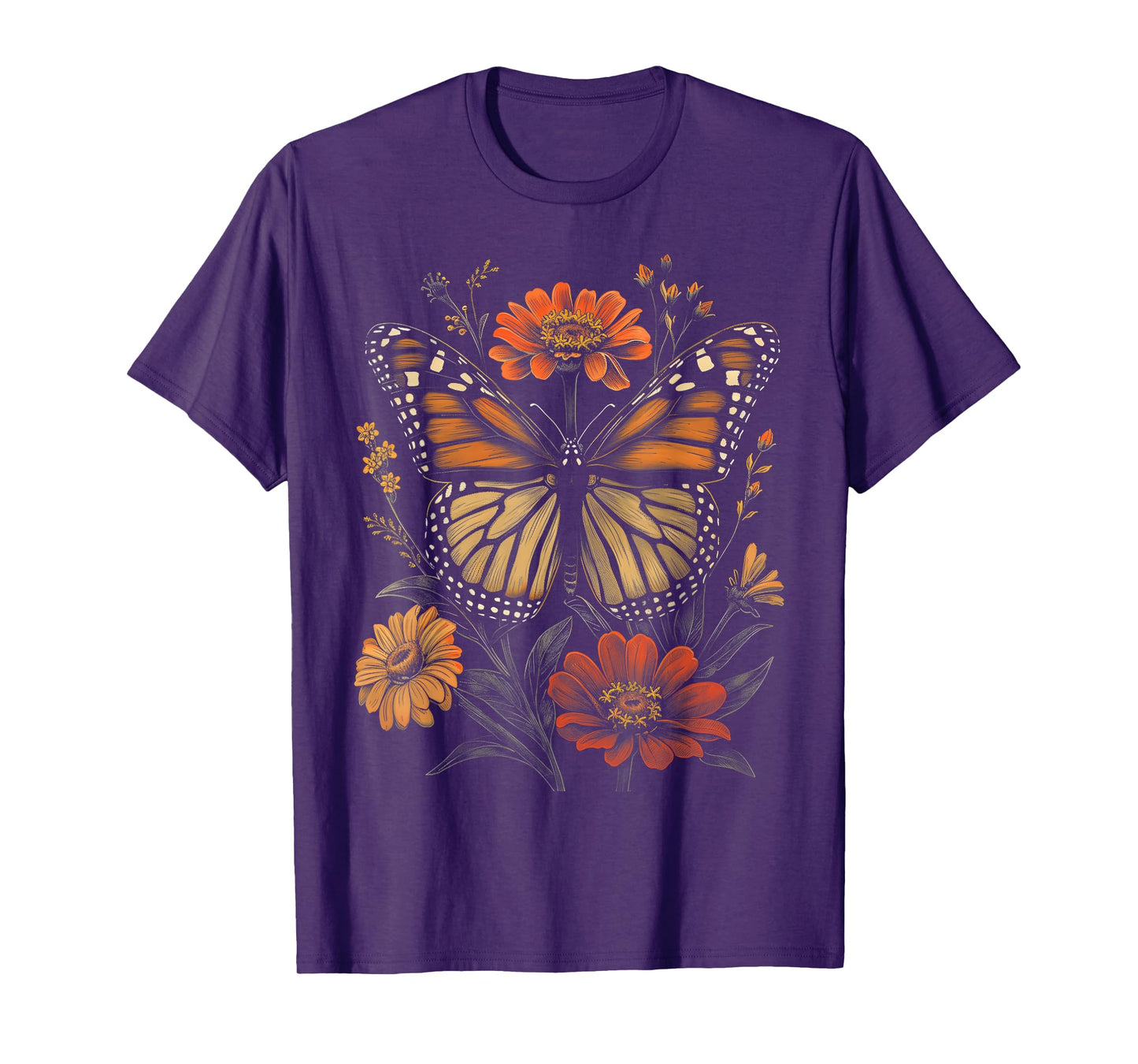 Vintage Monarch Butterfly Zinnias Flower Girl Plant Mom T-Shirt
