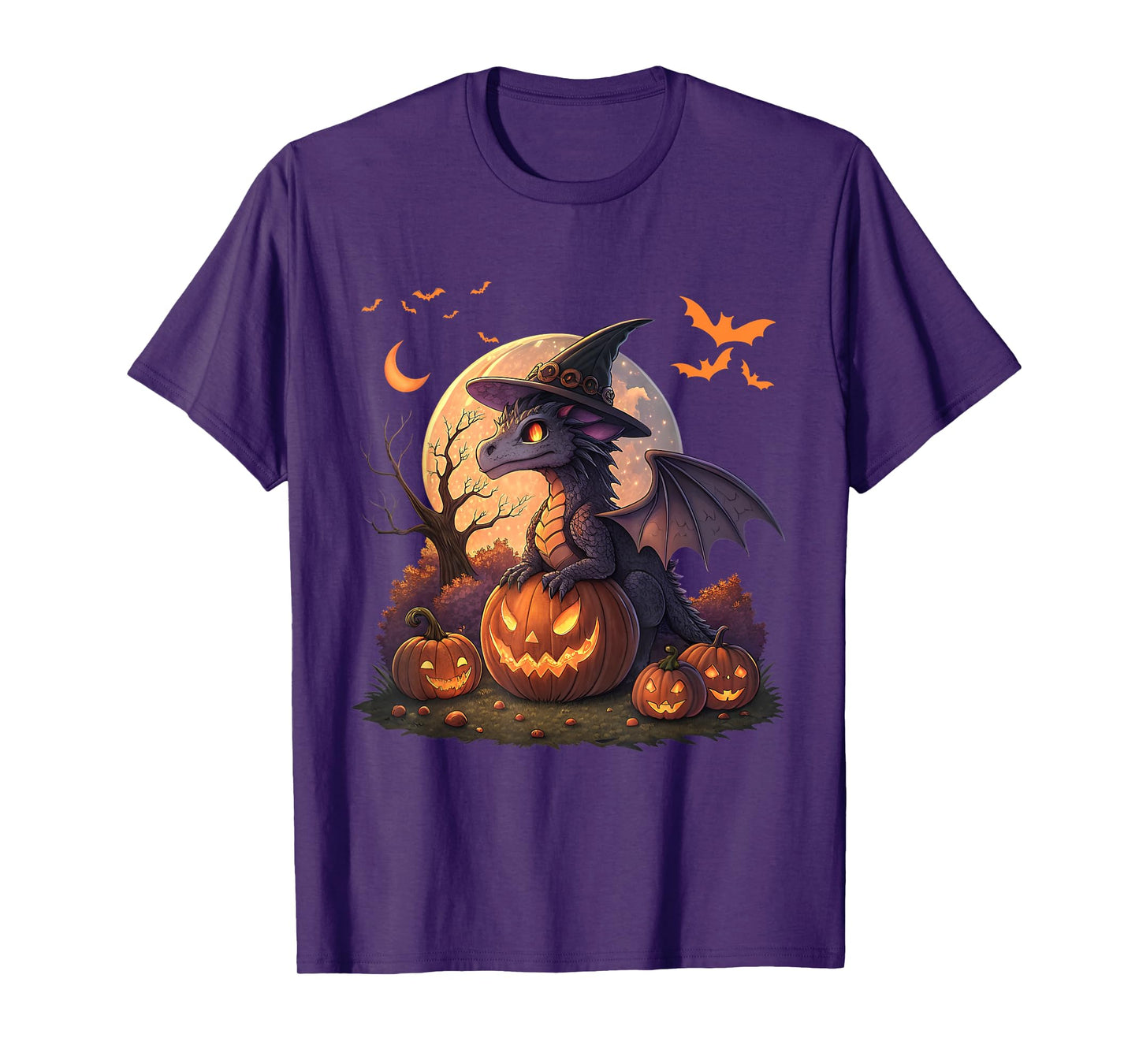Cute Halloween Dragon Witch Hat Pumpkin Moon Fantasy T-Shirt