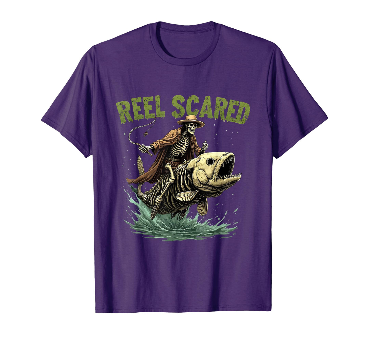 Fisherman Skeleton Funny Retro Reel Scared Halloween Fishing T-Shirt