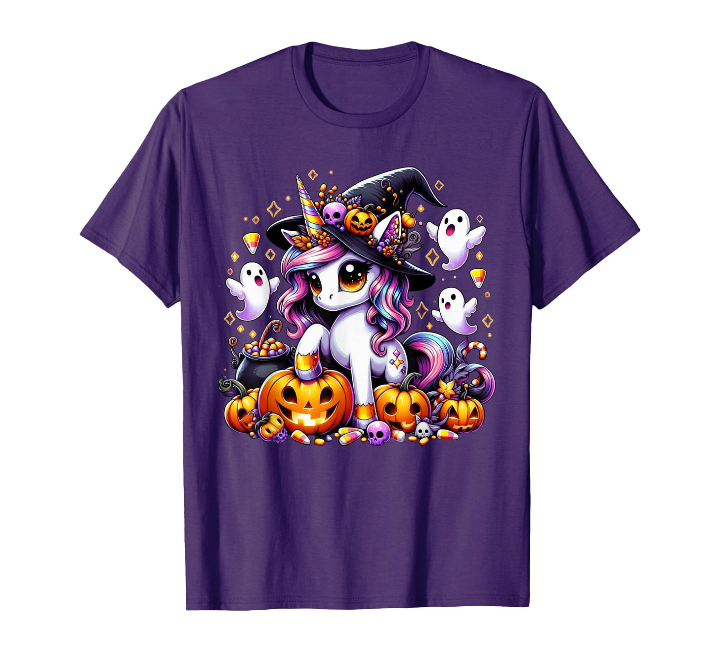 Cute Halloween Unicorn Witch Sitting On Pumpkin T-Shirt