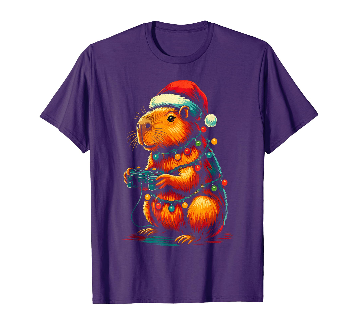 Christmas Capybara Gamer Xmas Light Video Game Lover Men Boy T-Shirt
