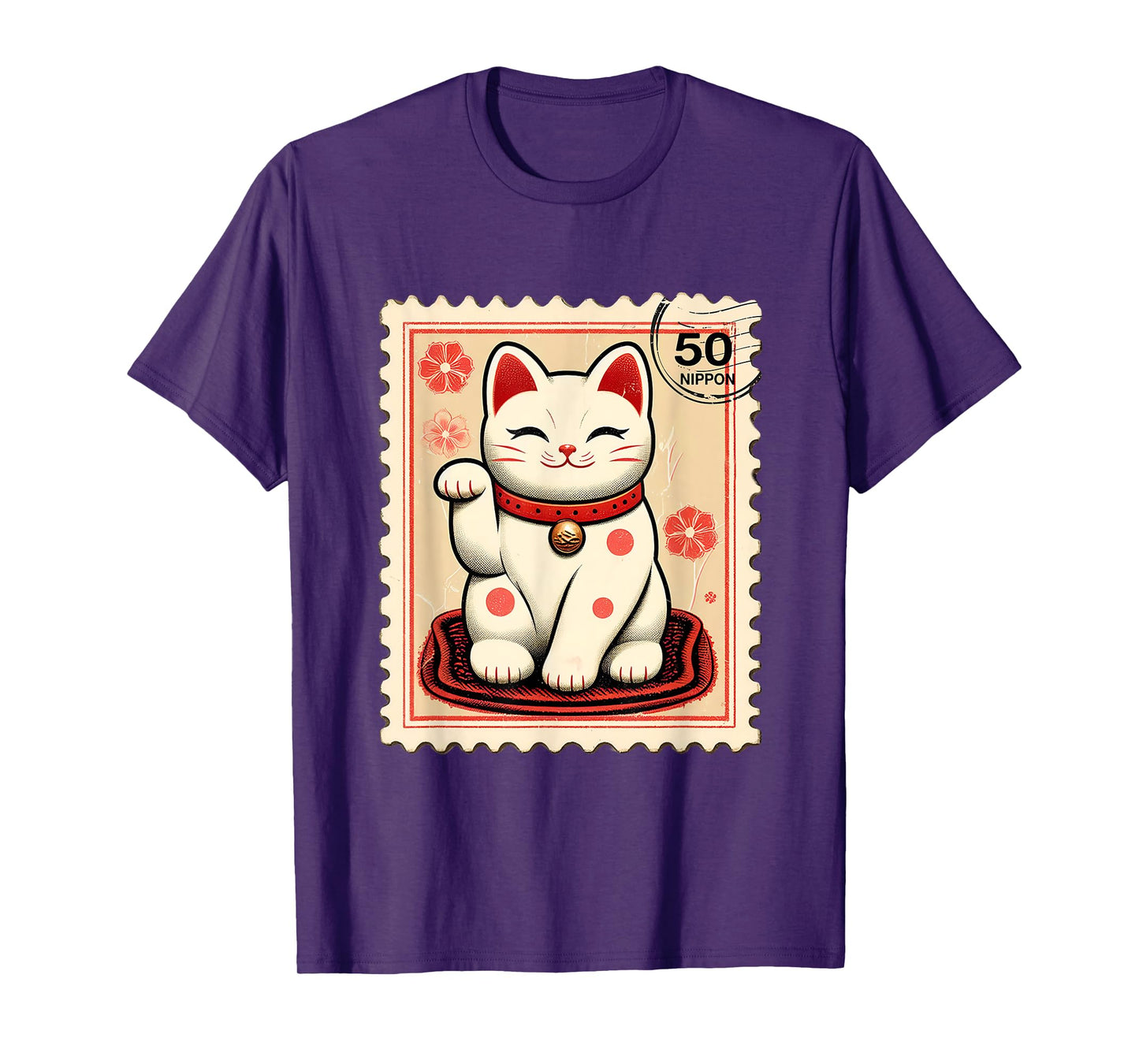 Maneki Neko Japanese Kawaii Lucky Cat Stamp Retro Aesthetic T-Shirt