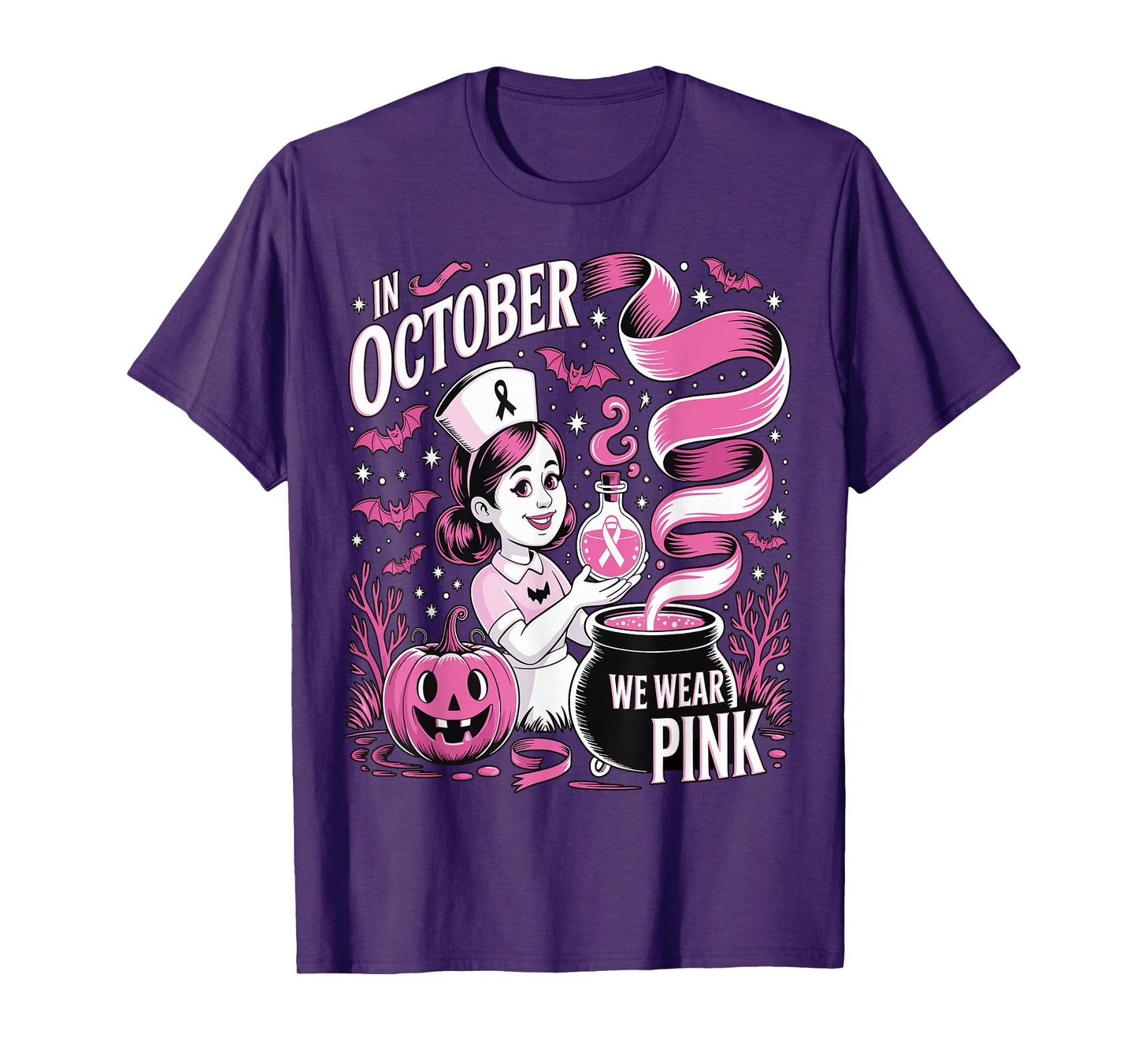 in October We Wear Pink Halloween Witch Nurse for Women T-Shirt