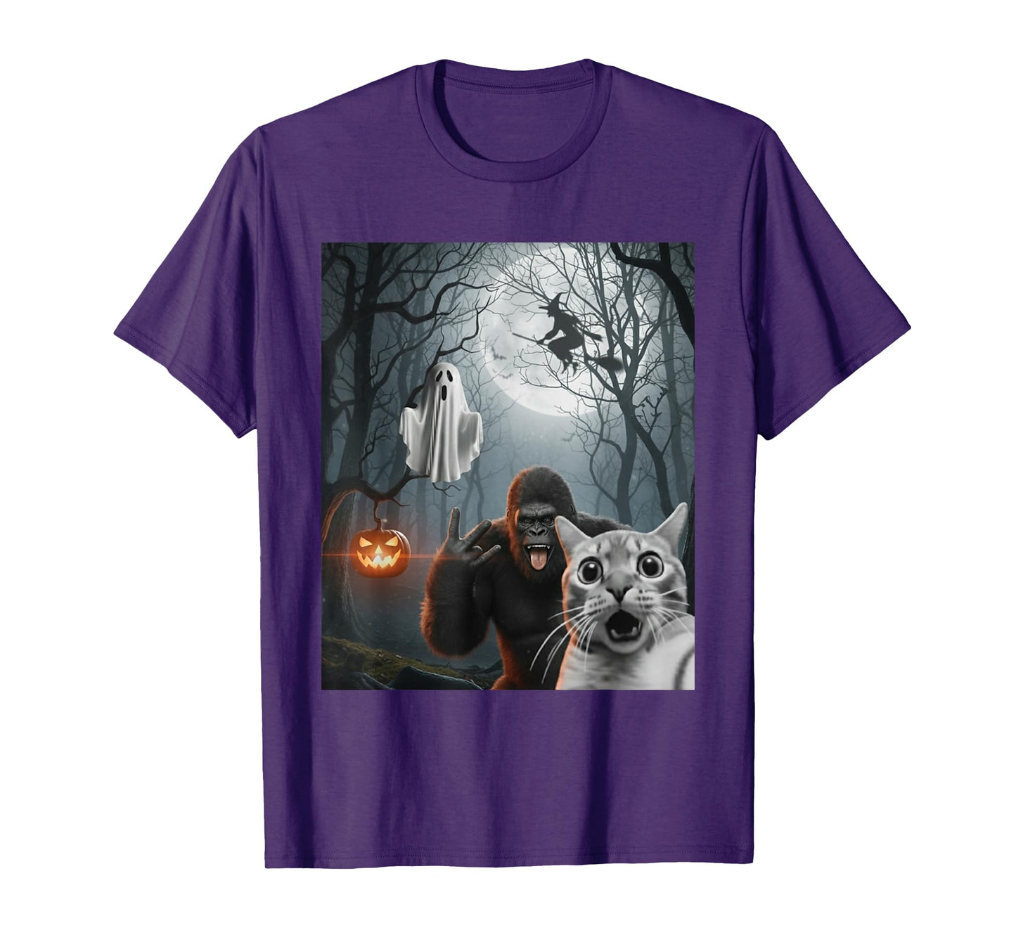 Funny Halloween Cat Selfie Ghost Bigfoot Costume Men Women T-Shirt