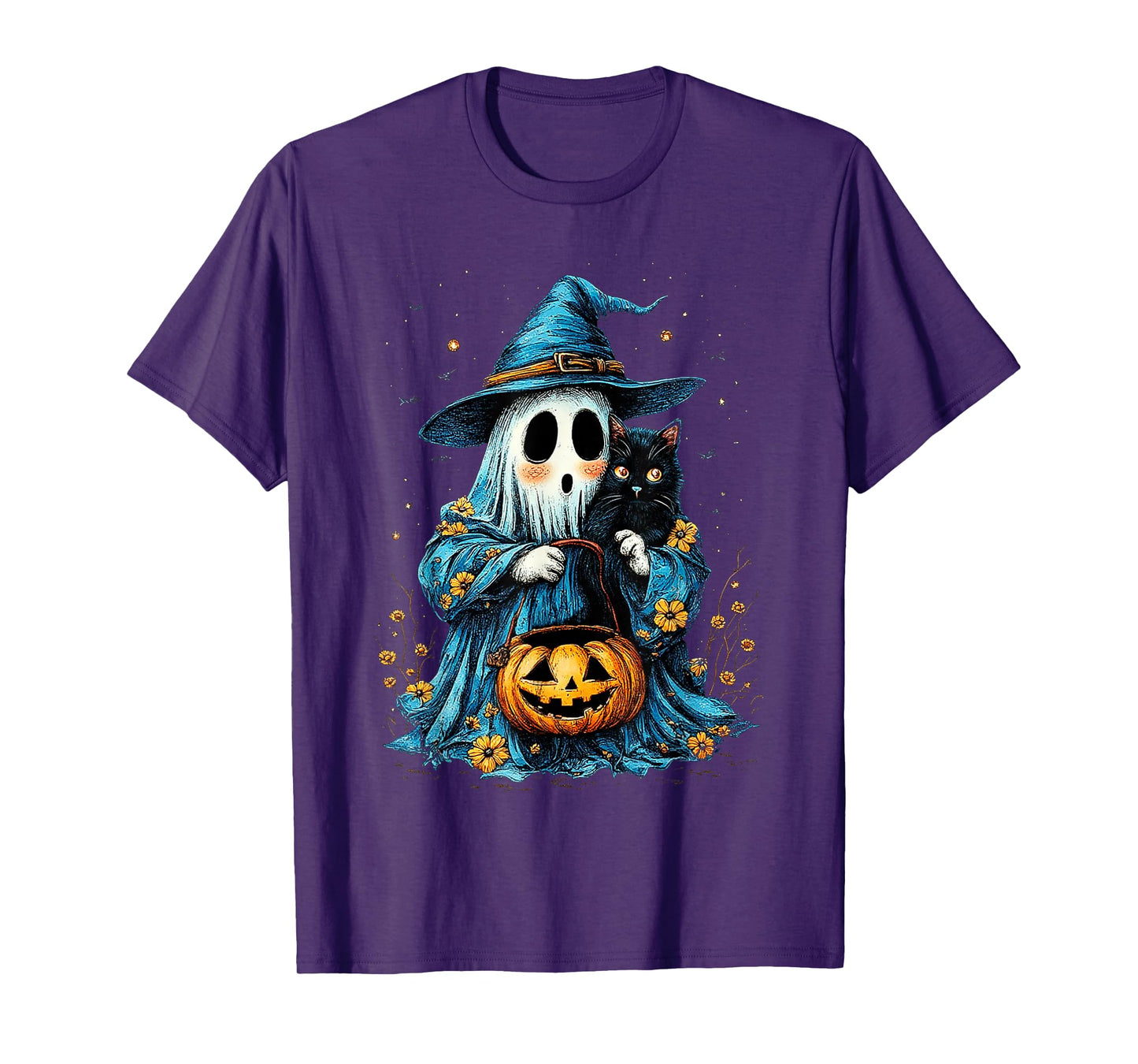 Ghost Holding Black Cat Lover Halloween 2025 Groovy Floral T-Shirt