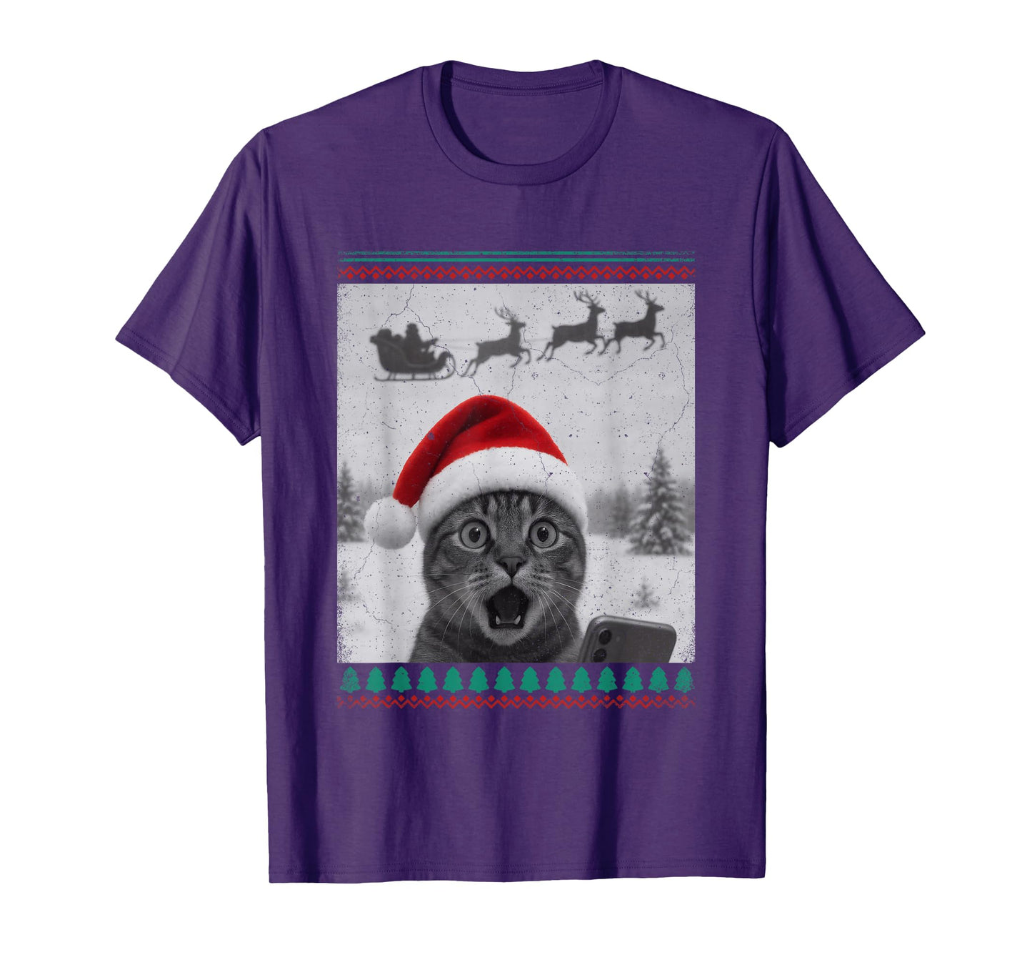 Ugly Christmas Funny Cat Selfie with Santa Sleigh T-Shirt