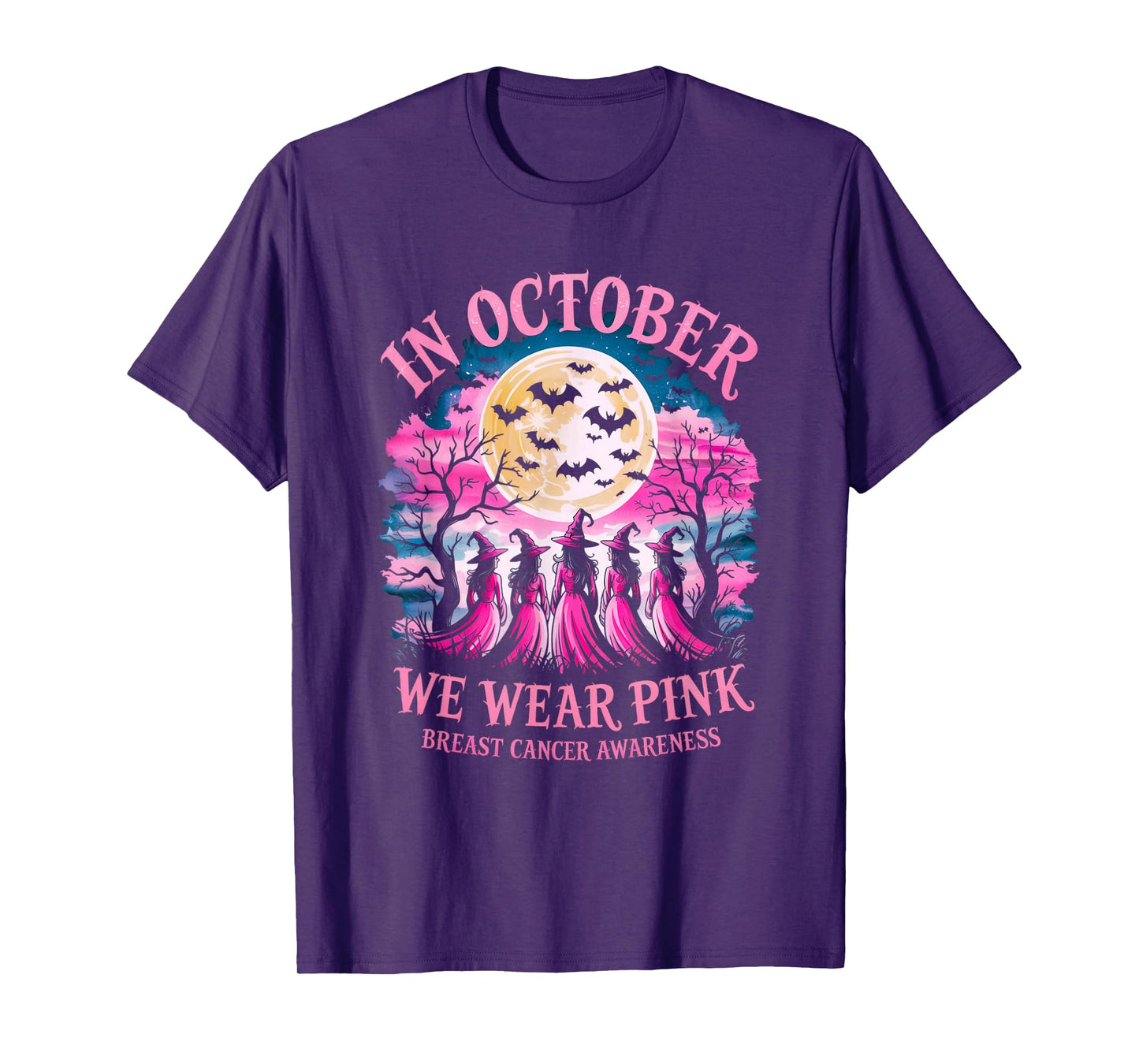 in October We Wear Pink Retro Witch Breast Cancer Awareness T-Shirt
