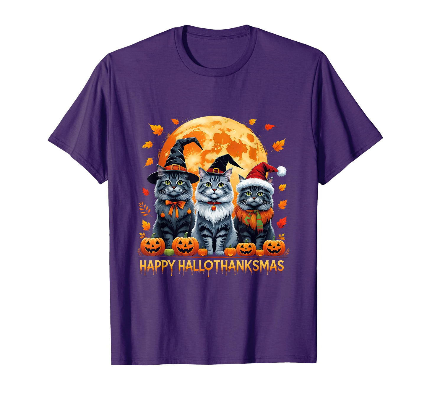 Happy Hallothanksmas Halloween Thanksgiving Christmas Cats T-Shirt