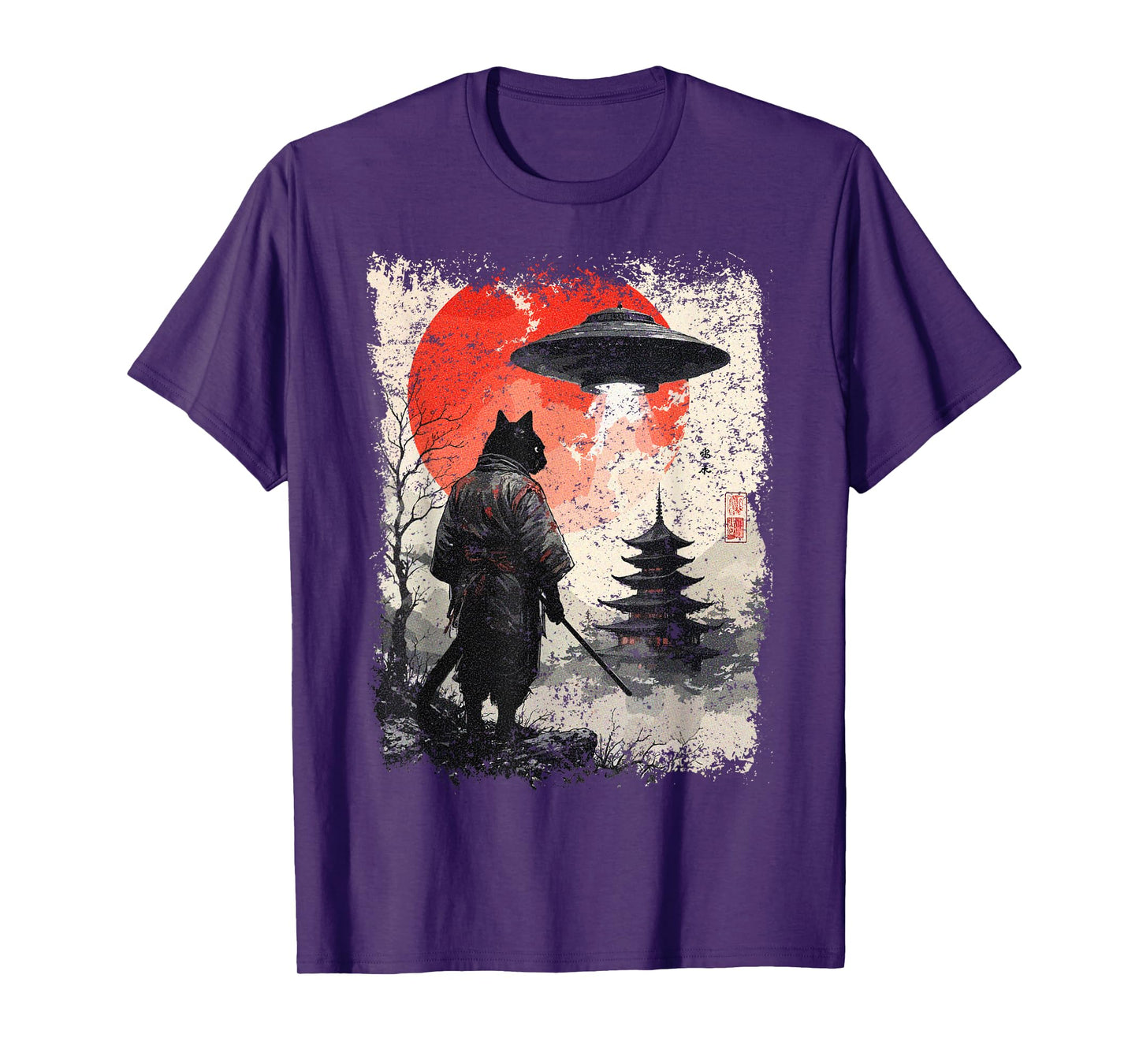Samurai Ninja Cat Warrior Sumi-e UFO Ukiyo-e Sci Fi Japanese T-Shirt