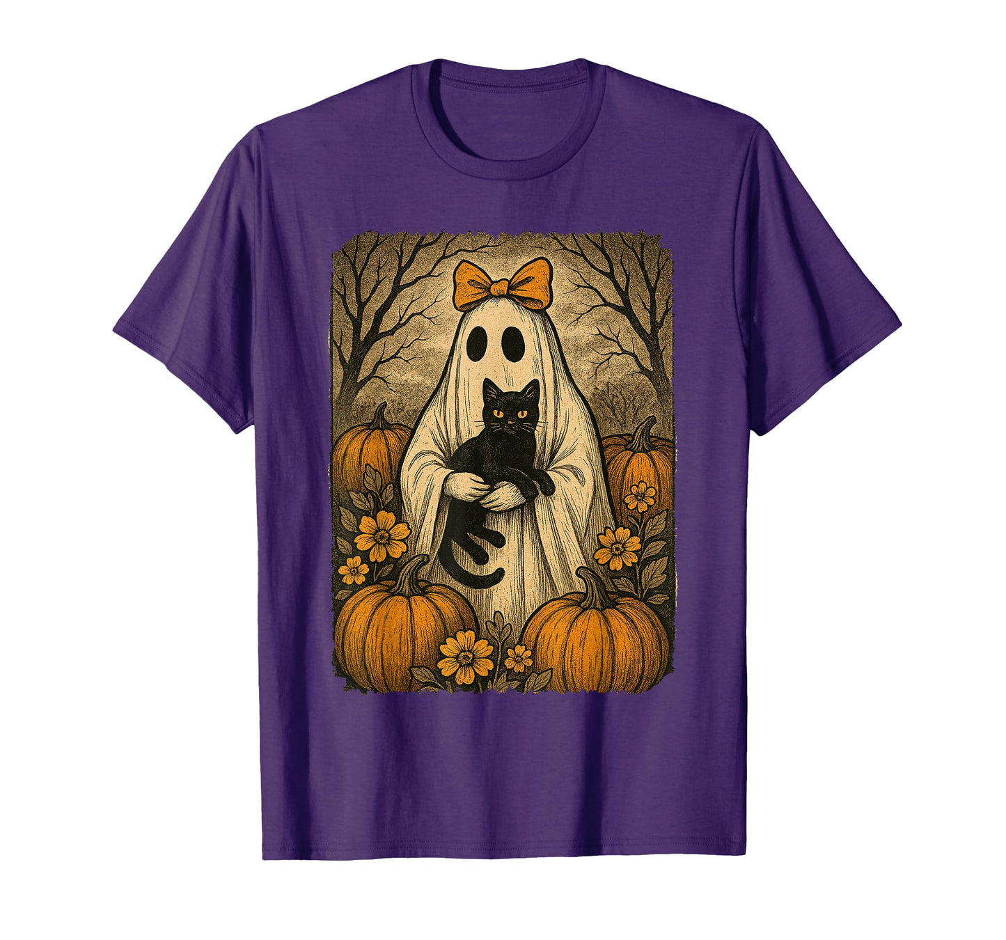 Vintage Halloween Ghost Holding Black Kitten Cat Floral T-Shirt