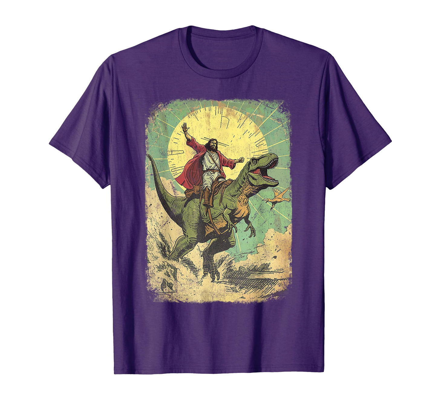 Jesus riding dinosaur Funny Christian retro dino raptor T-Shirt