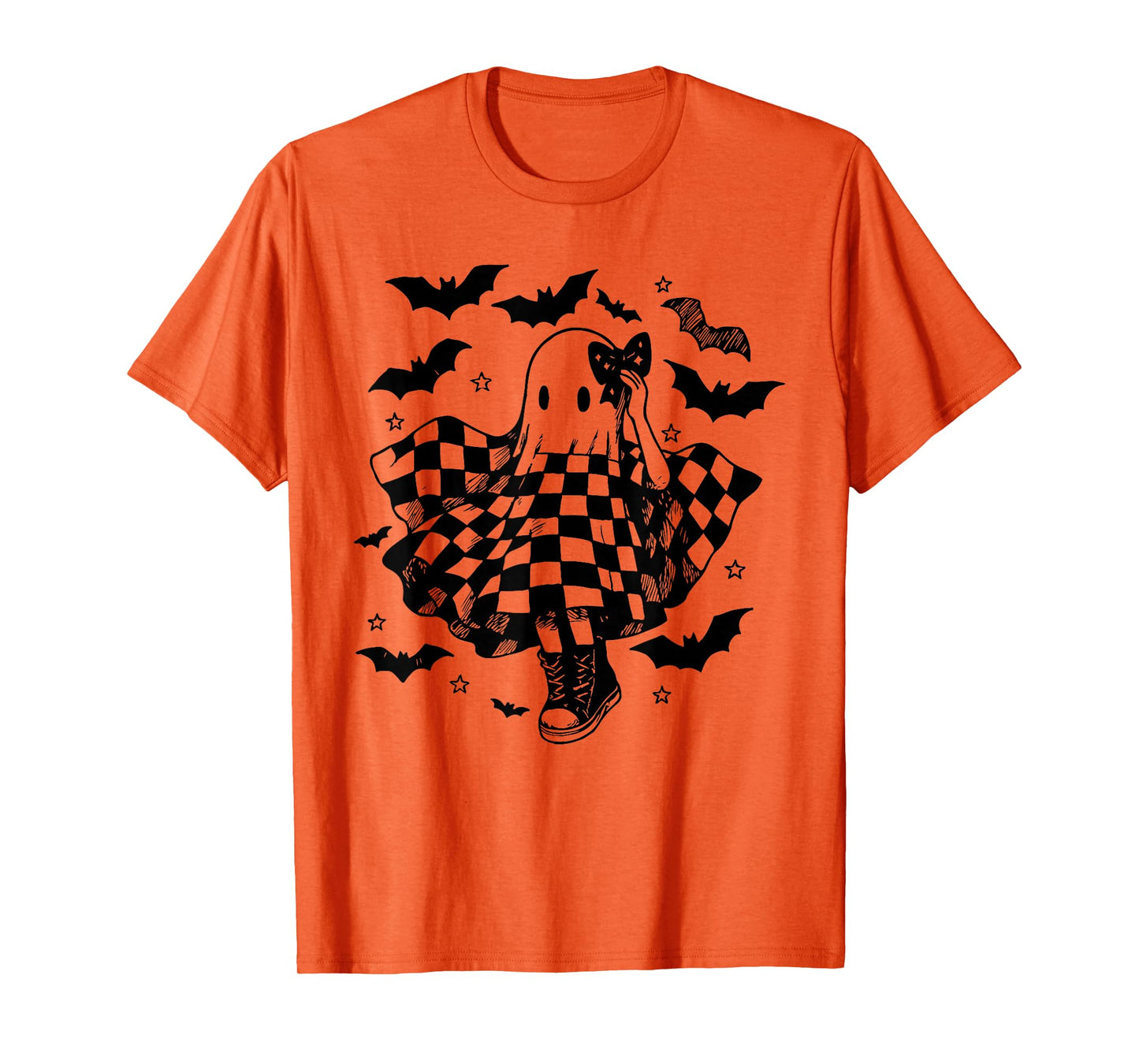 Retro Halloween Checkered Ghost Dance Coquette Bow Womens T-Shirt