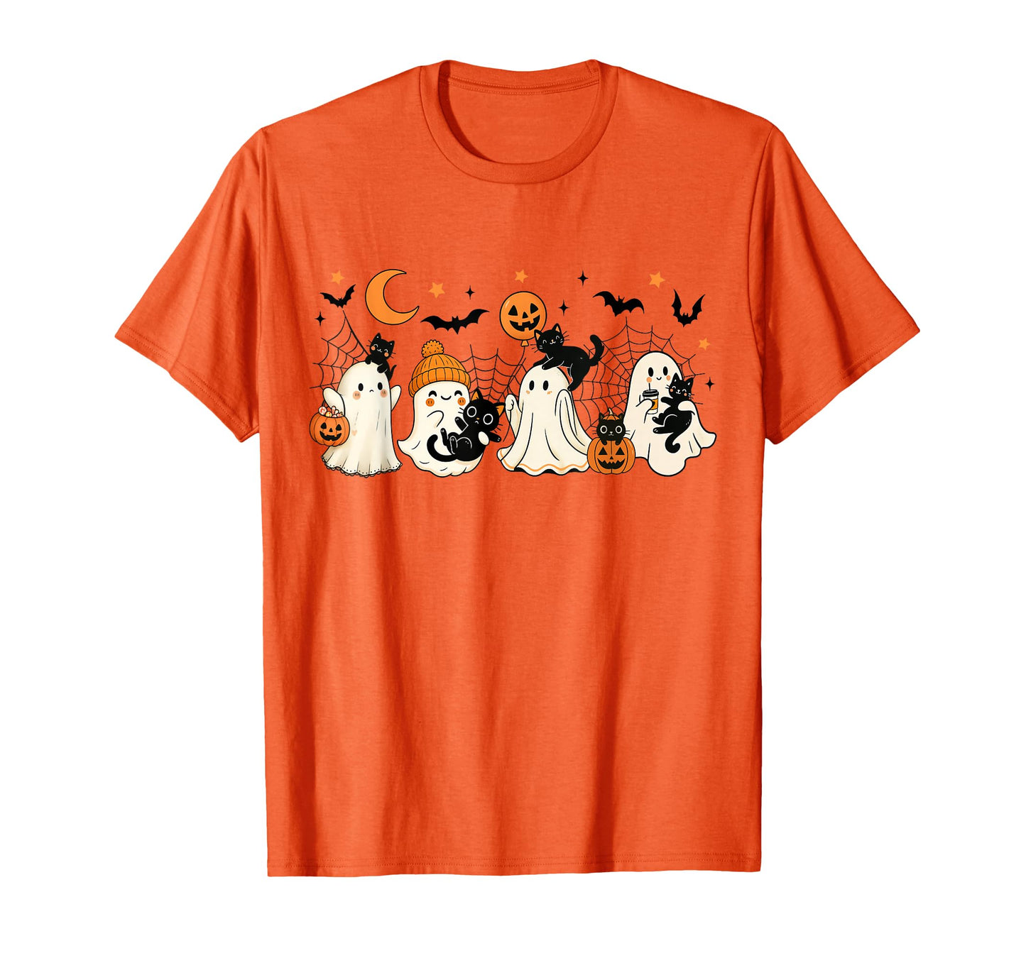 Vintage Halloween Ghost and Black Cat Spooky Season Pumpkin T-Shirt