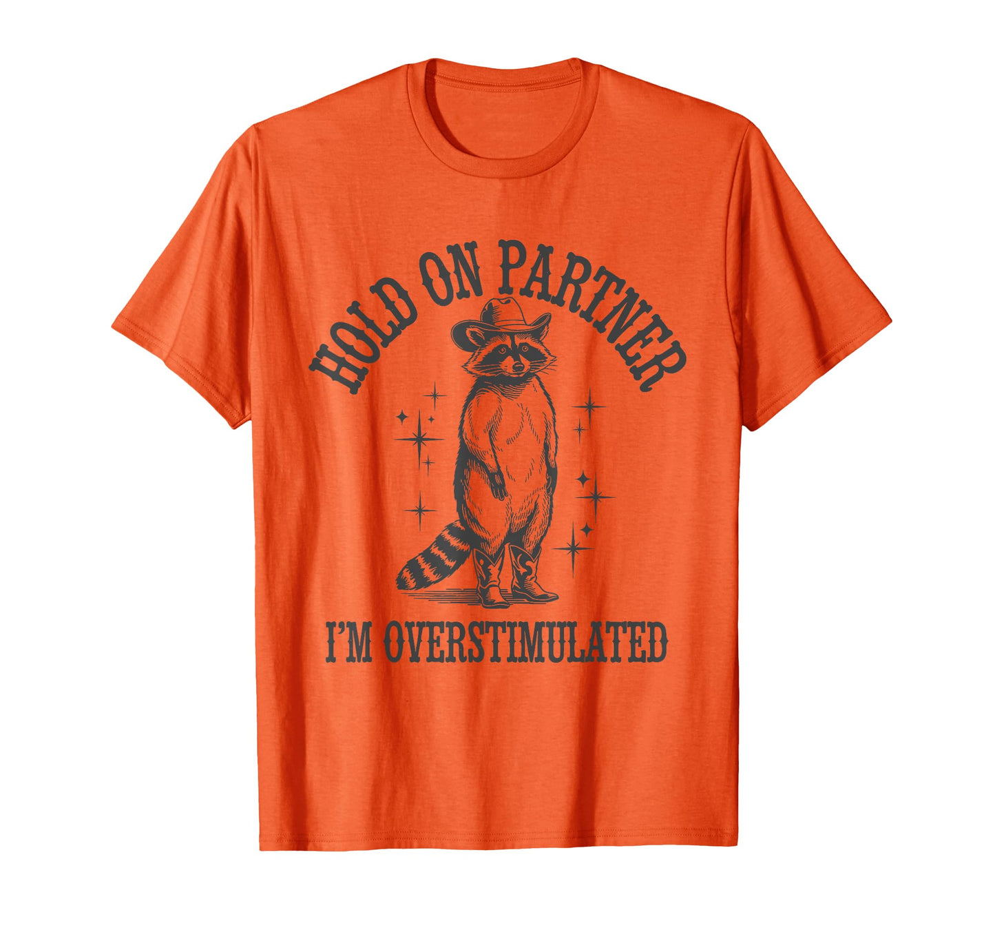 Funny Raccoon Cowboy Hold On Partner I'm Overstimulated T-Shirt