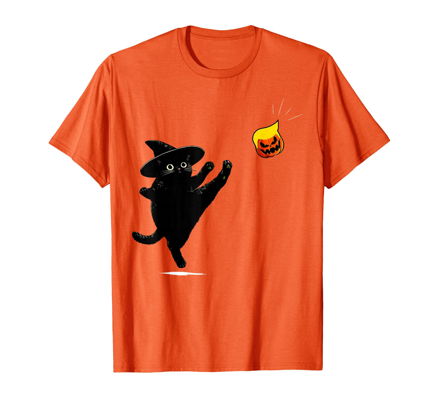 Black Cat Witch Kicking Pumpkin Funny Halloween T-Shirt