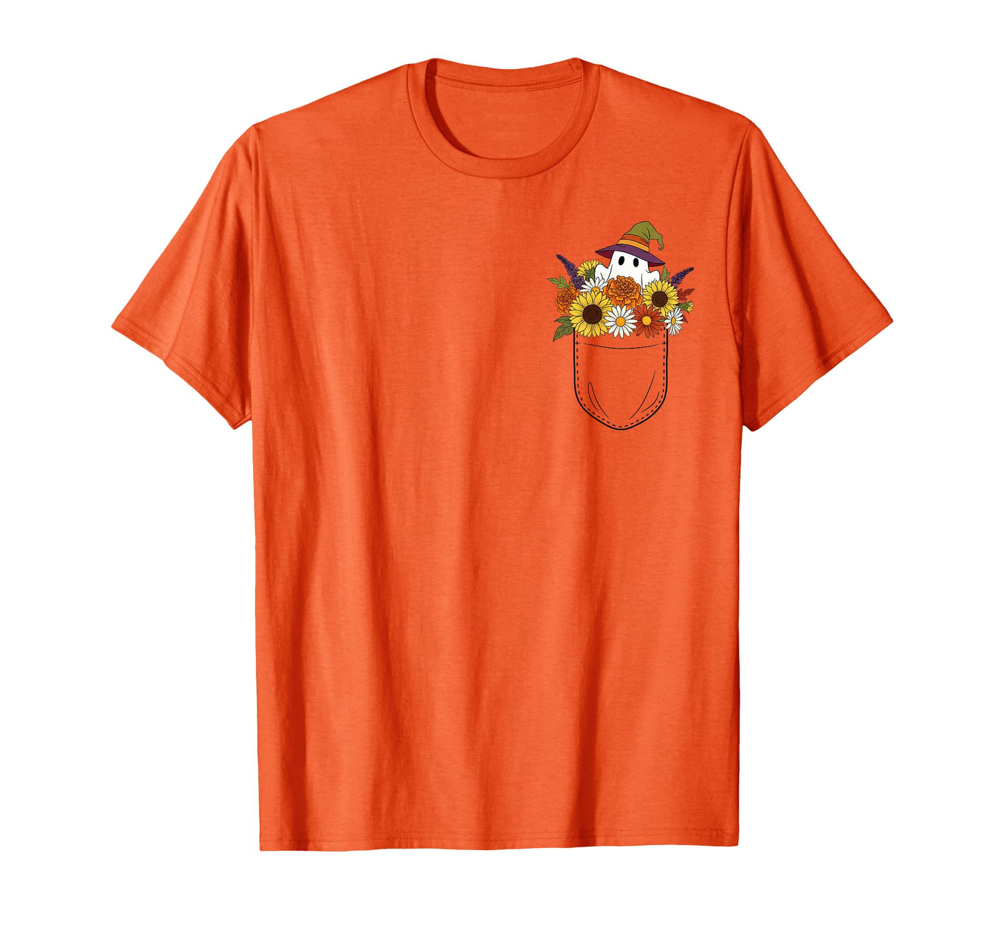 Cute Floral Pocket Ghost in Bouquet of Autumn Flowers T-Shirt