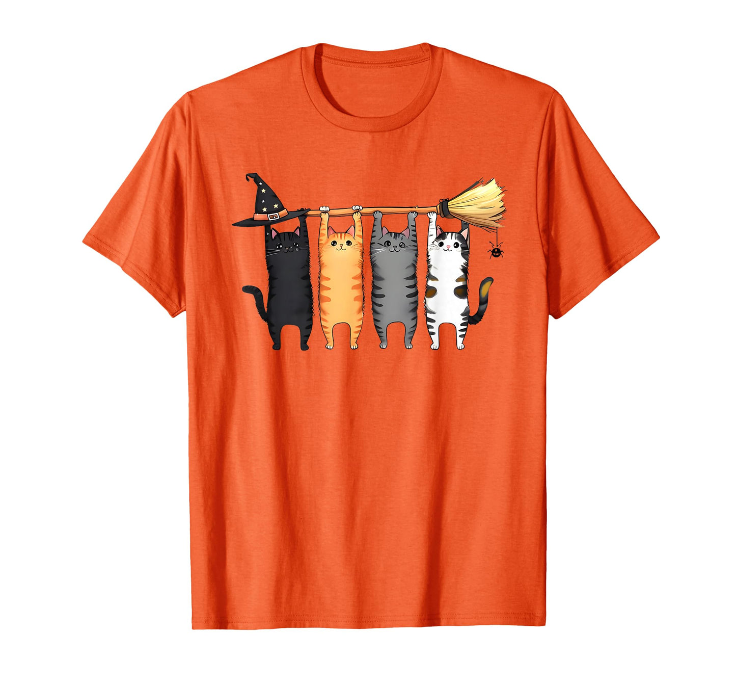 Cute Halloween Tabby Cat Witch Hat Broom T-Shirt