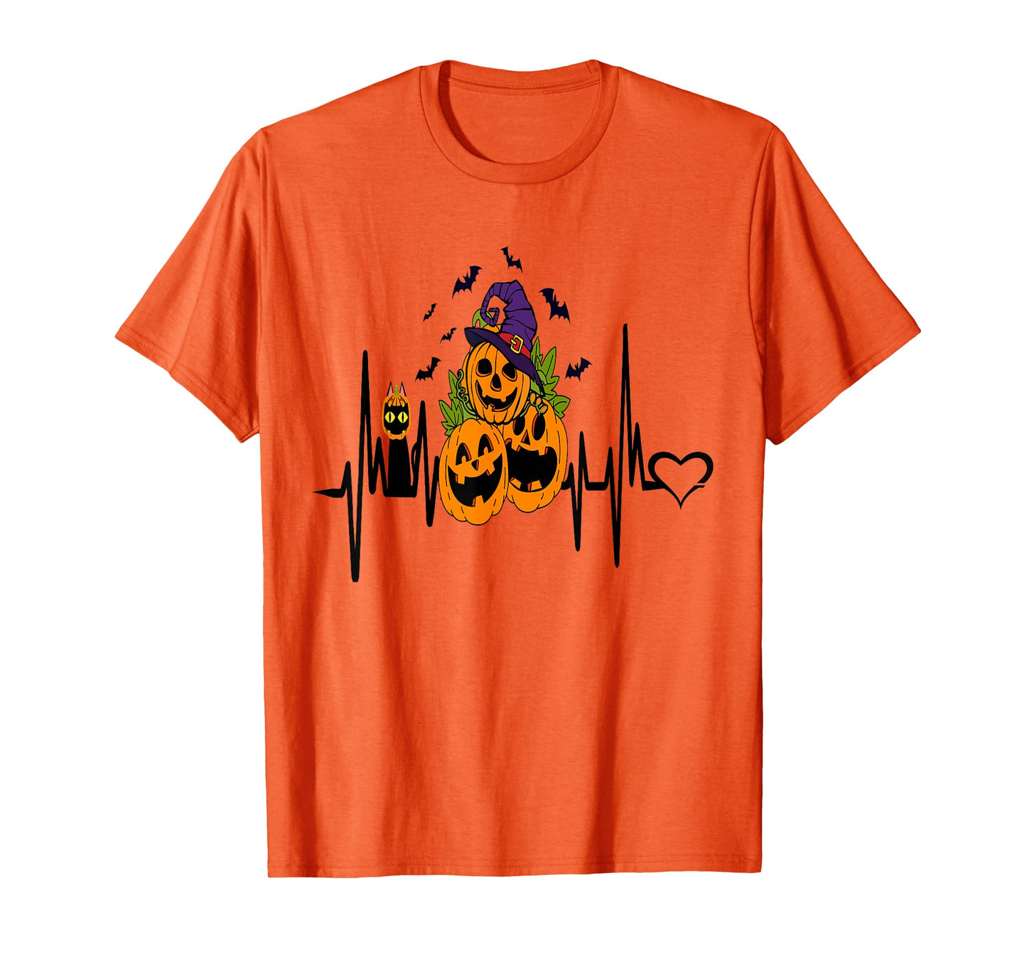 Funny Pumpkin Heartbeat Halloween with Cat Women Men Kids T-Shirt