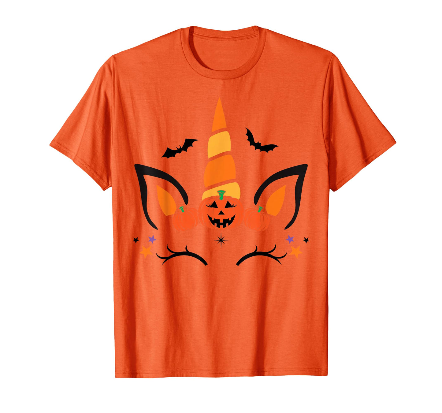 Unicorn Face Eyelashes Bat Pumpkin Funny Halloween Costume T-Shirt
