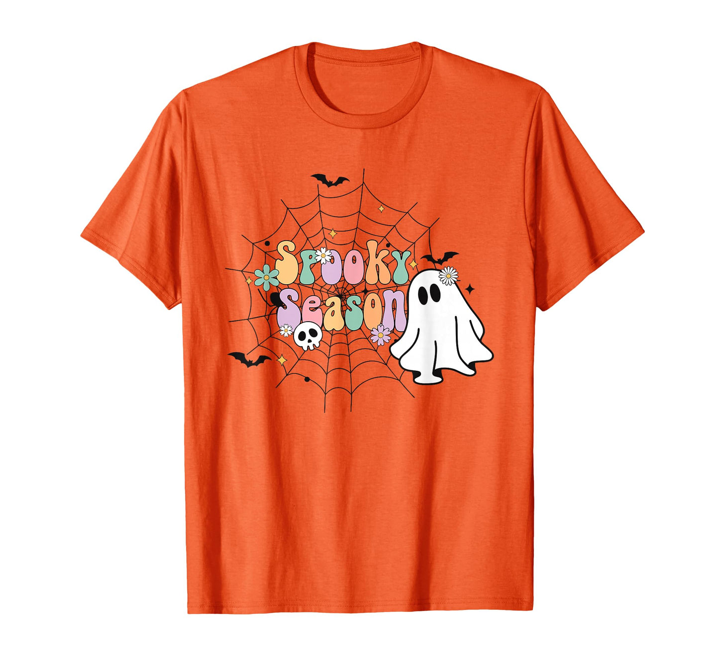 Groovy Spooky Season Retro Ghost Holding Pumpkin Halloween T-Shirt
