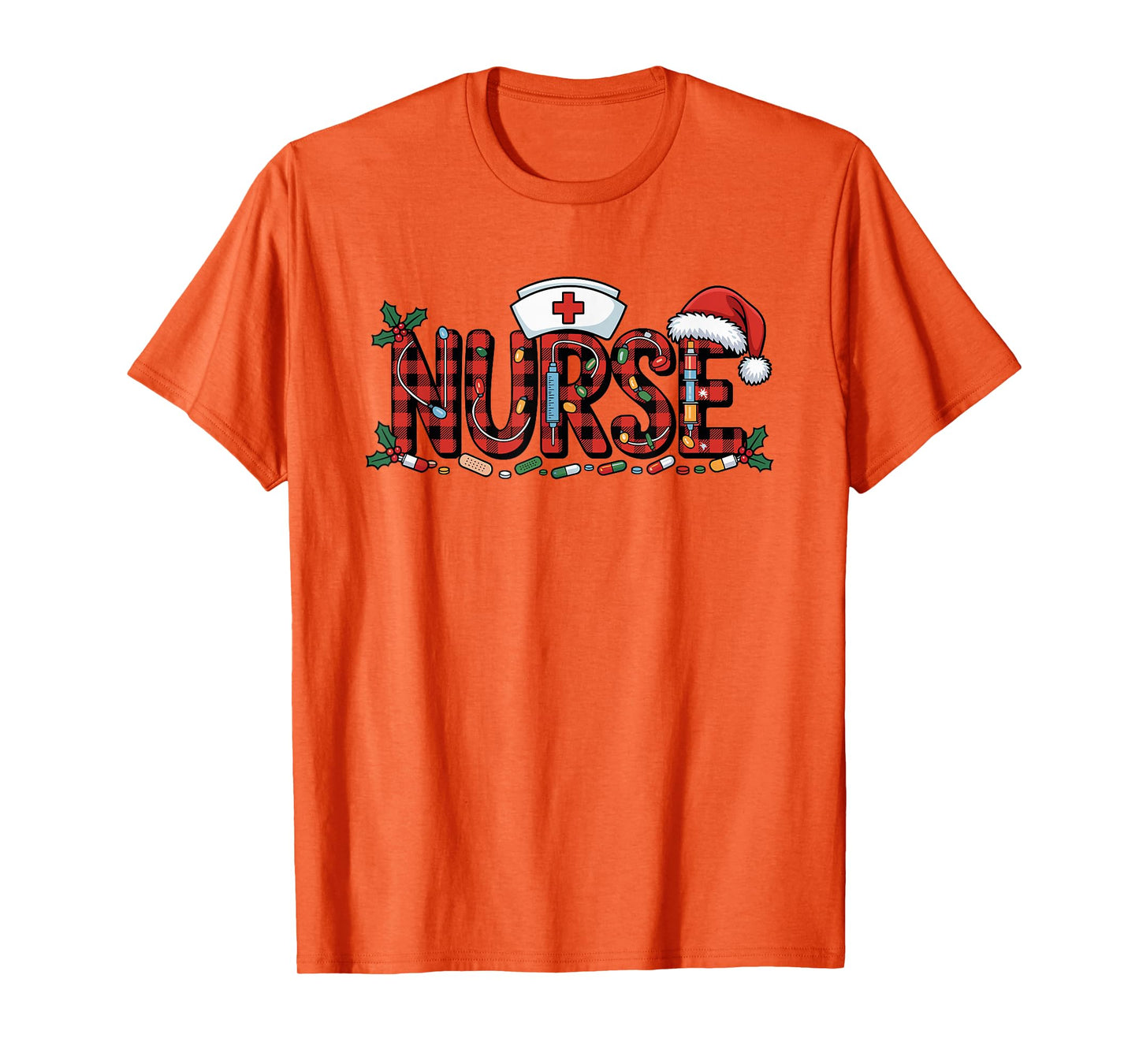 Christmas Nurse Buffalo Plaid Santa Hat Christmas Lights T-Shirt