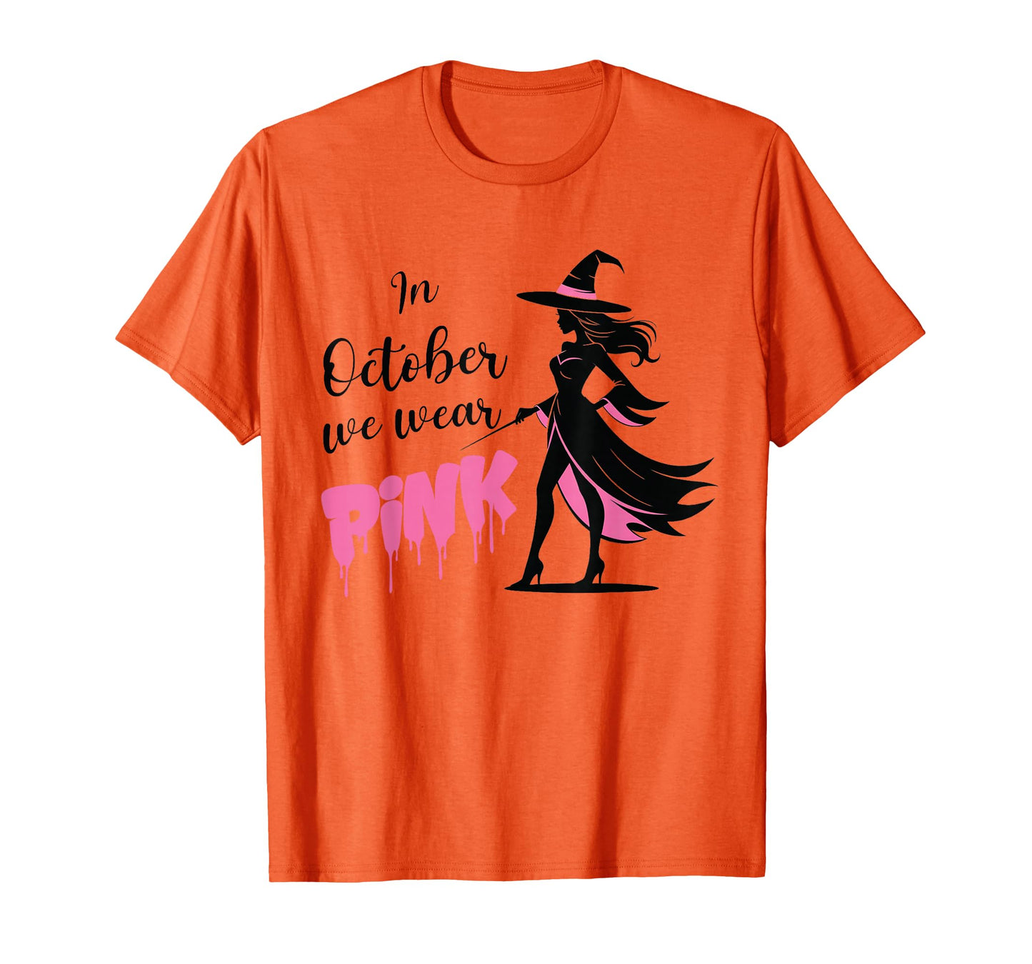 in October We Wear Pink Witch Halloween Breast Cancer Month T-Shirt