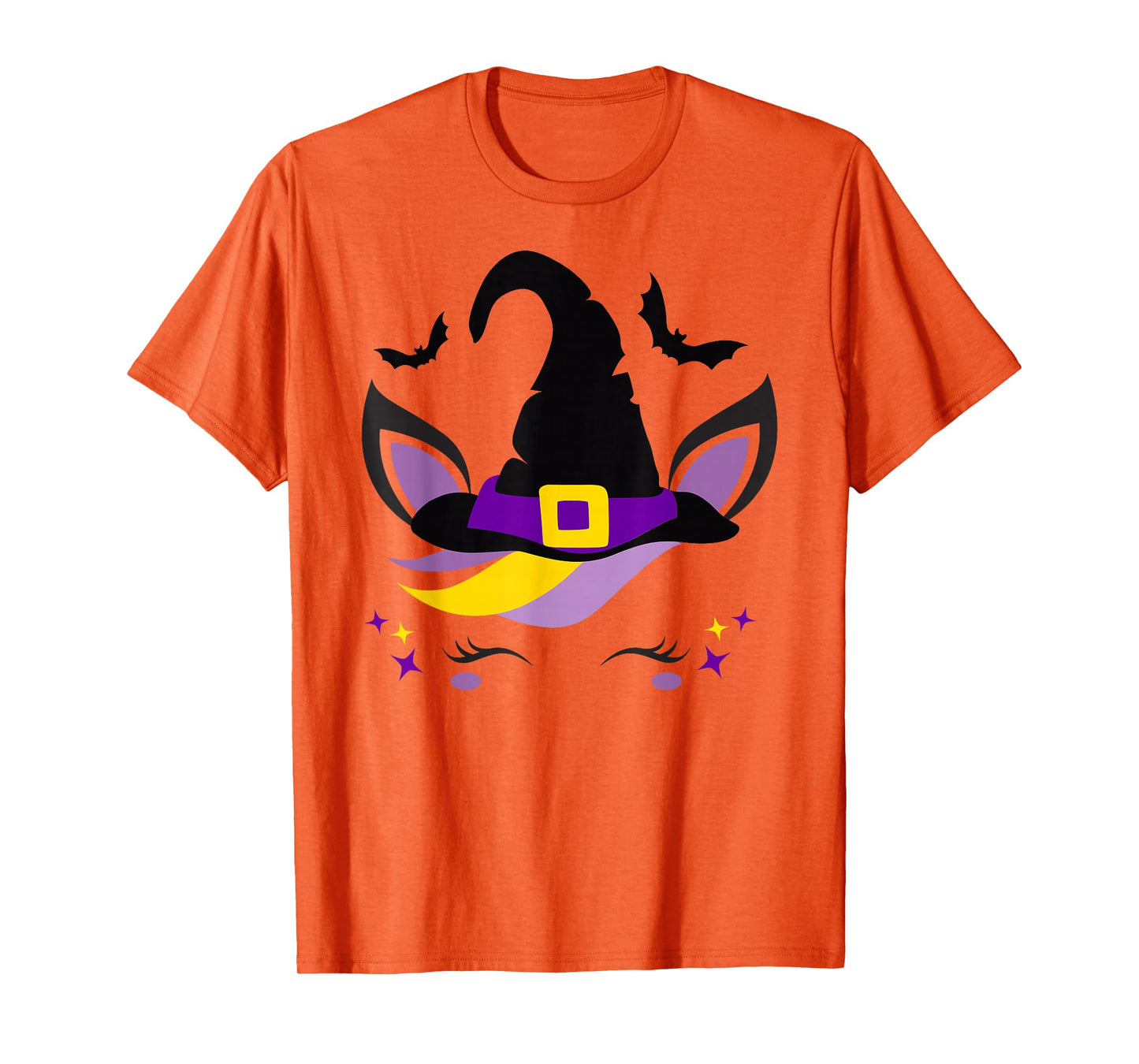 Unicorn Face Eyelashes Bat Scary Witch Hat Halloween Costume T-Shirt