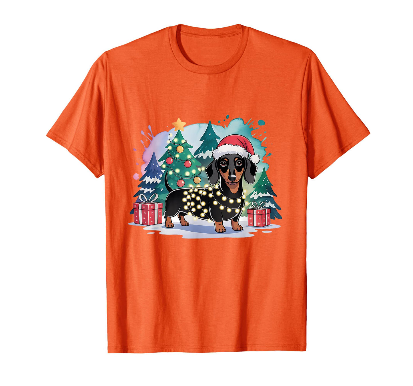 Cute Festive Dachshund Dog Santa Hat Christmas Tree Lights T-Shirt