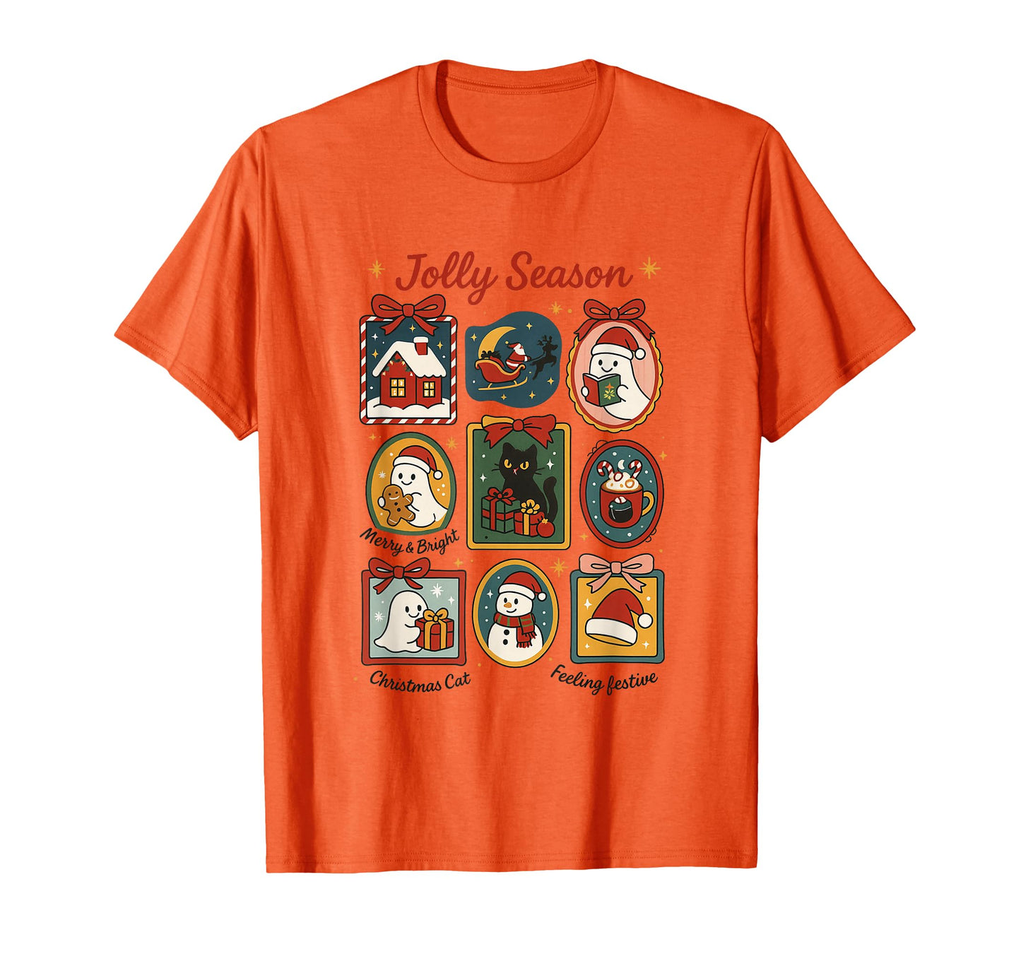 Jolly Season Ghost Cat Santa Christmas Frame Merry & Bright T-Shirt
