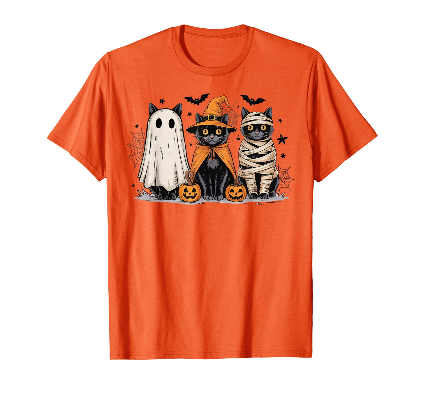 Retro Black Cat Witch Scary Halloween Pumpkin Kids Women Men T-Shirt