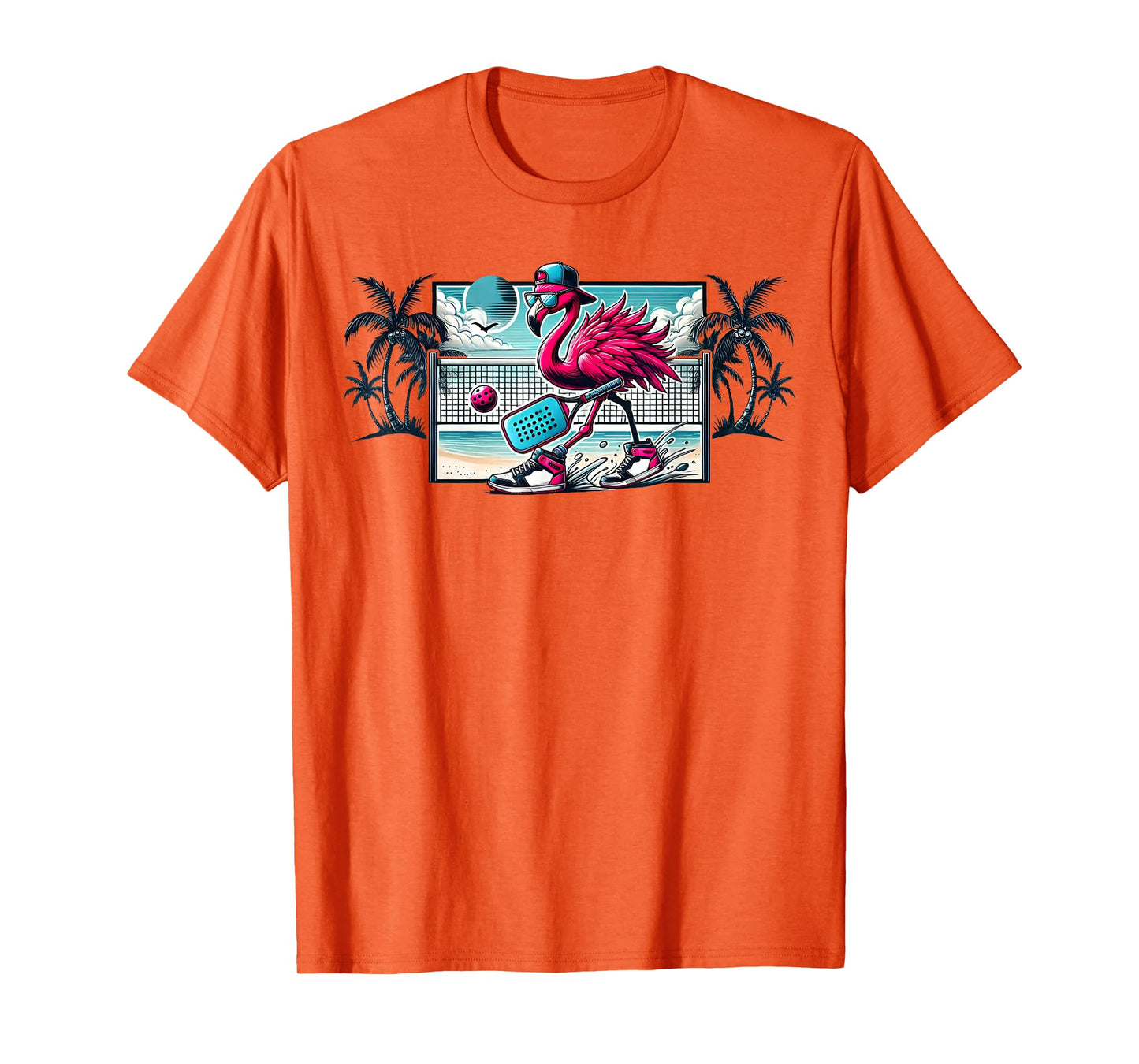 Flamingo Pickleball Beach Tropical Palm Trees Pickleball Fun T-Shirt