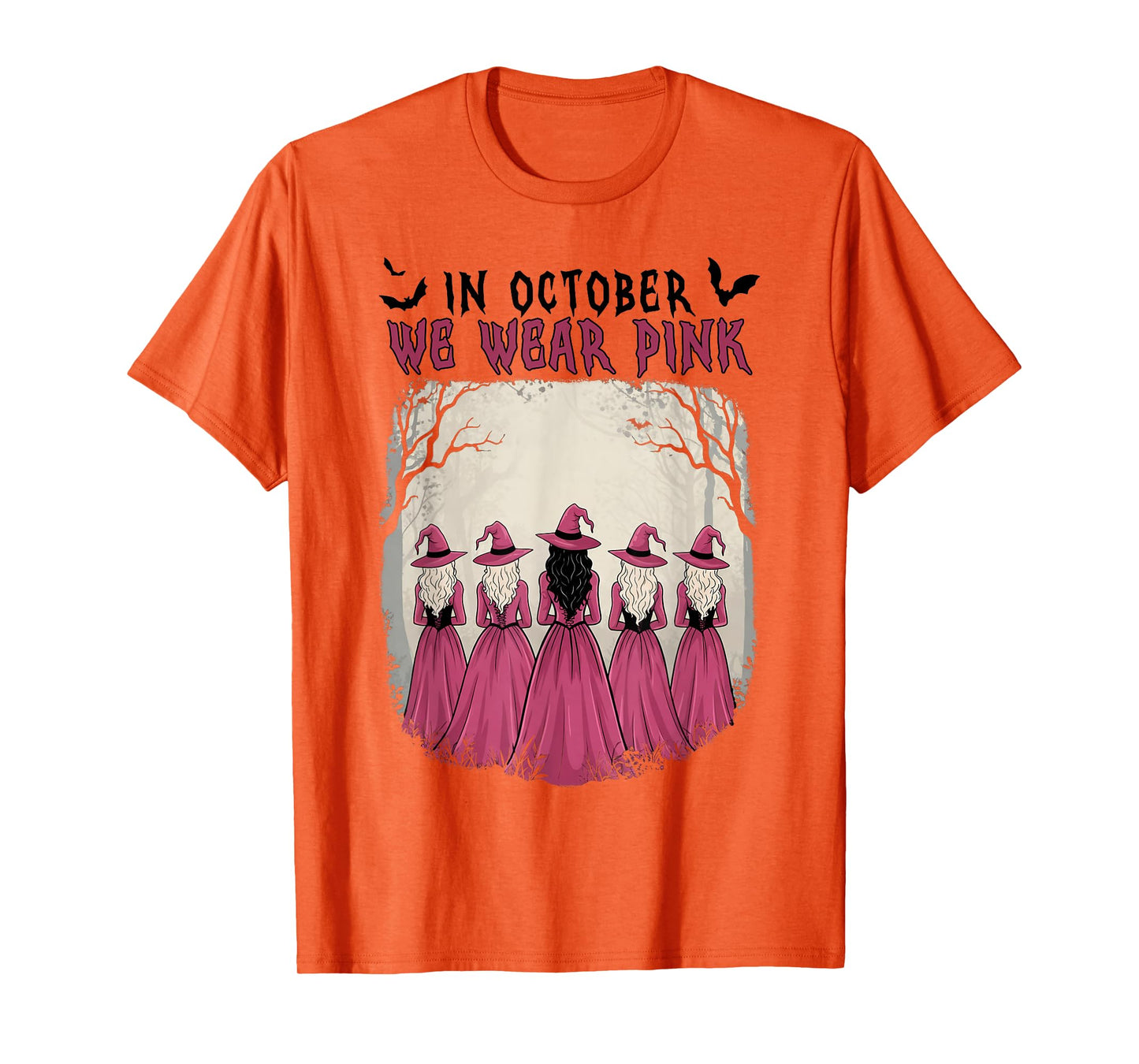 in October We Wear Pink Witch Halloween Breast Cancer Women T-Shirt