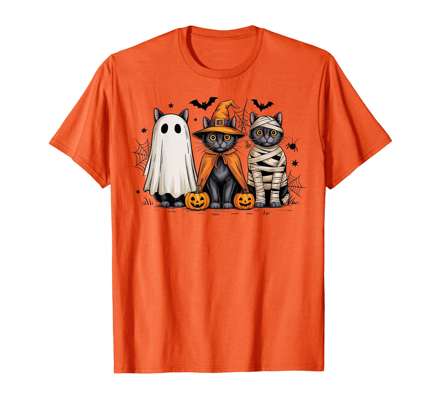 Retro Three Black Cats Witch Pumpkin Scary Halloween Costume T-Shirt