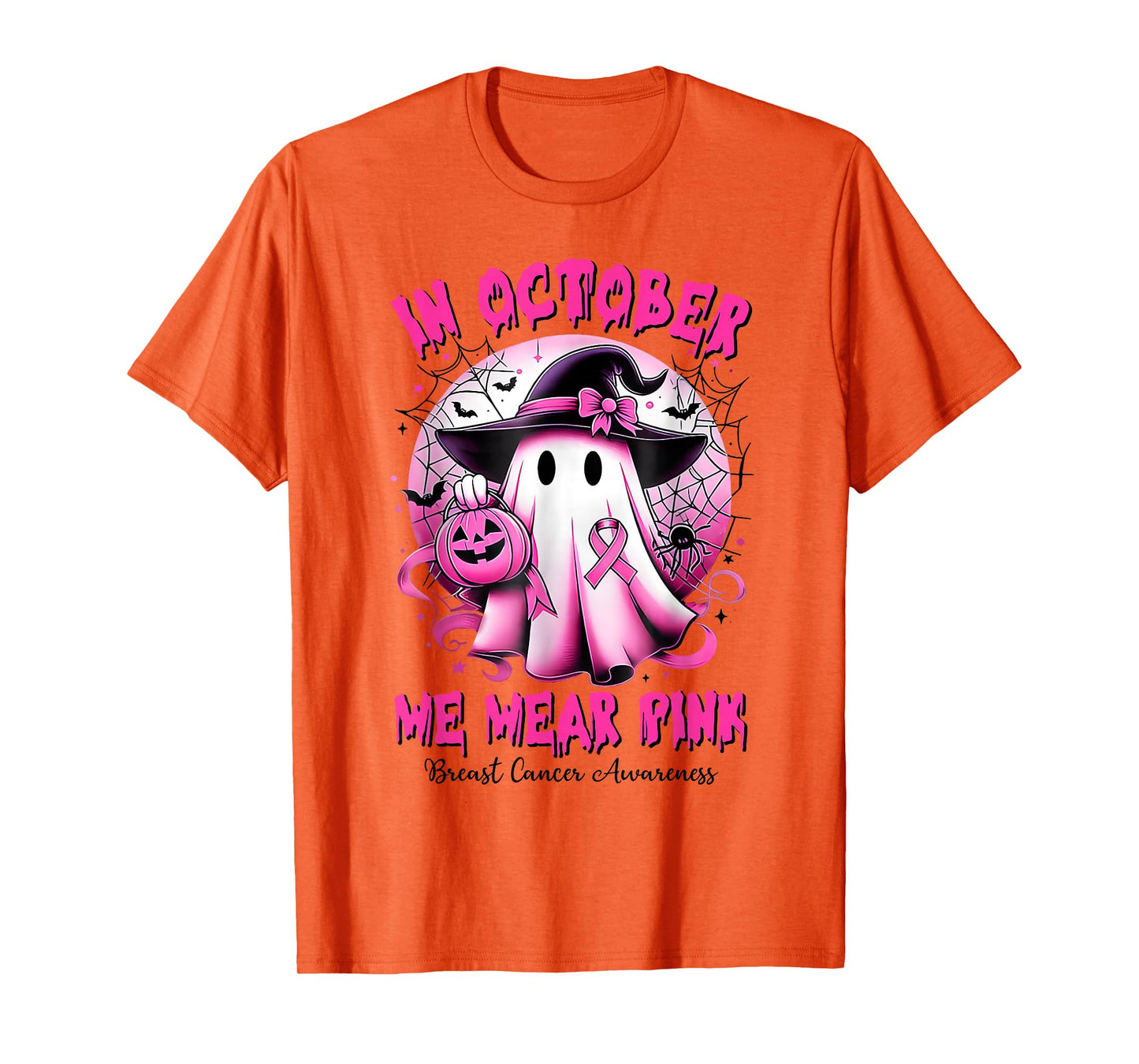 in October We Wear Pink Witch Ghost Breast Cancer Awareness T-Shirt
