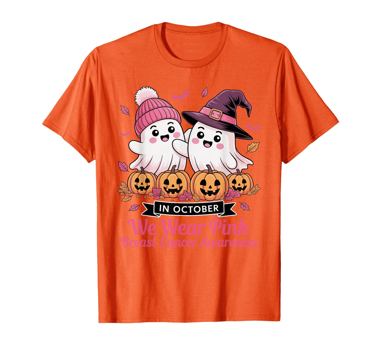 in October We Wear Pink Ghost Witch Breast Cancer Awareness T-Shirt