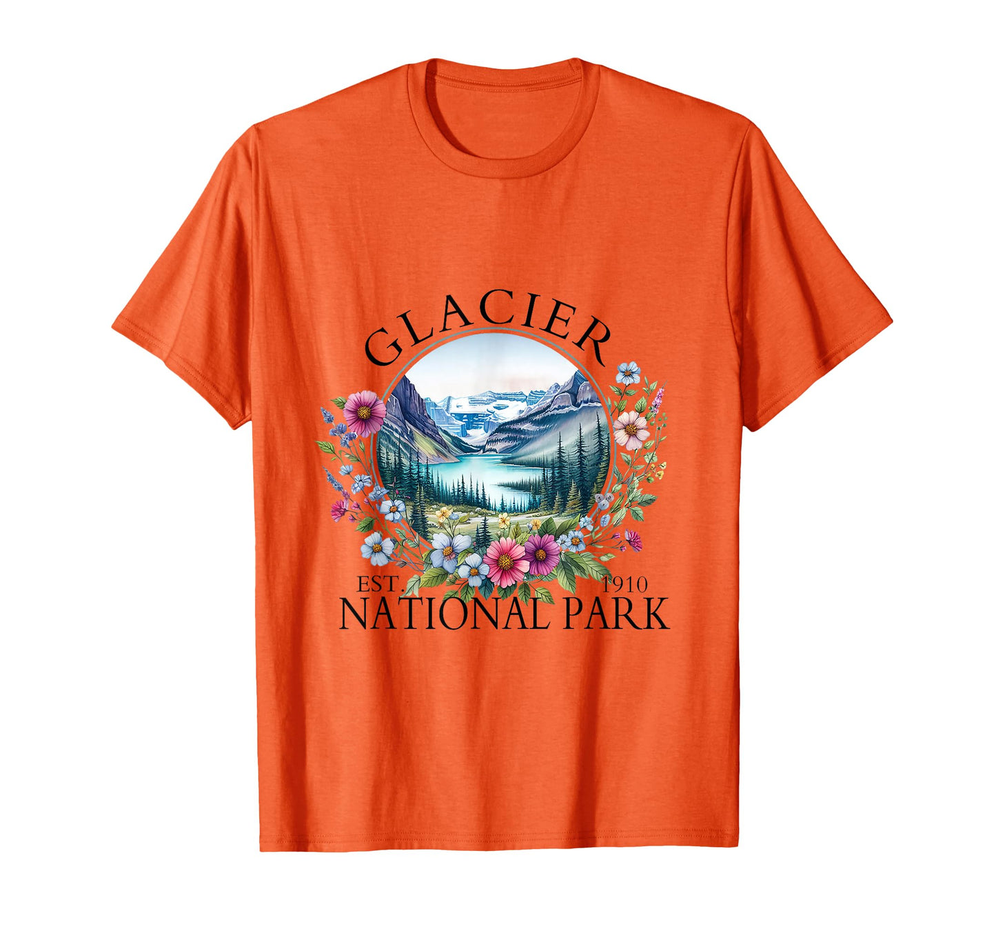 Retro Floral Glacier National Park Hiking Camping Outdoor T-Shirt
