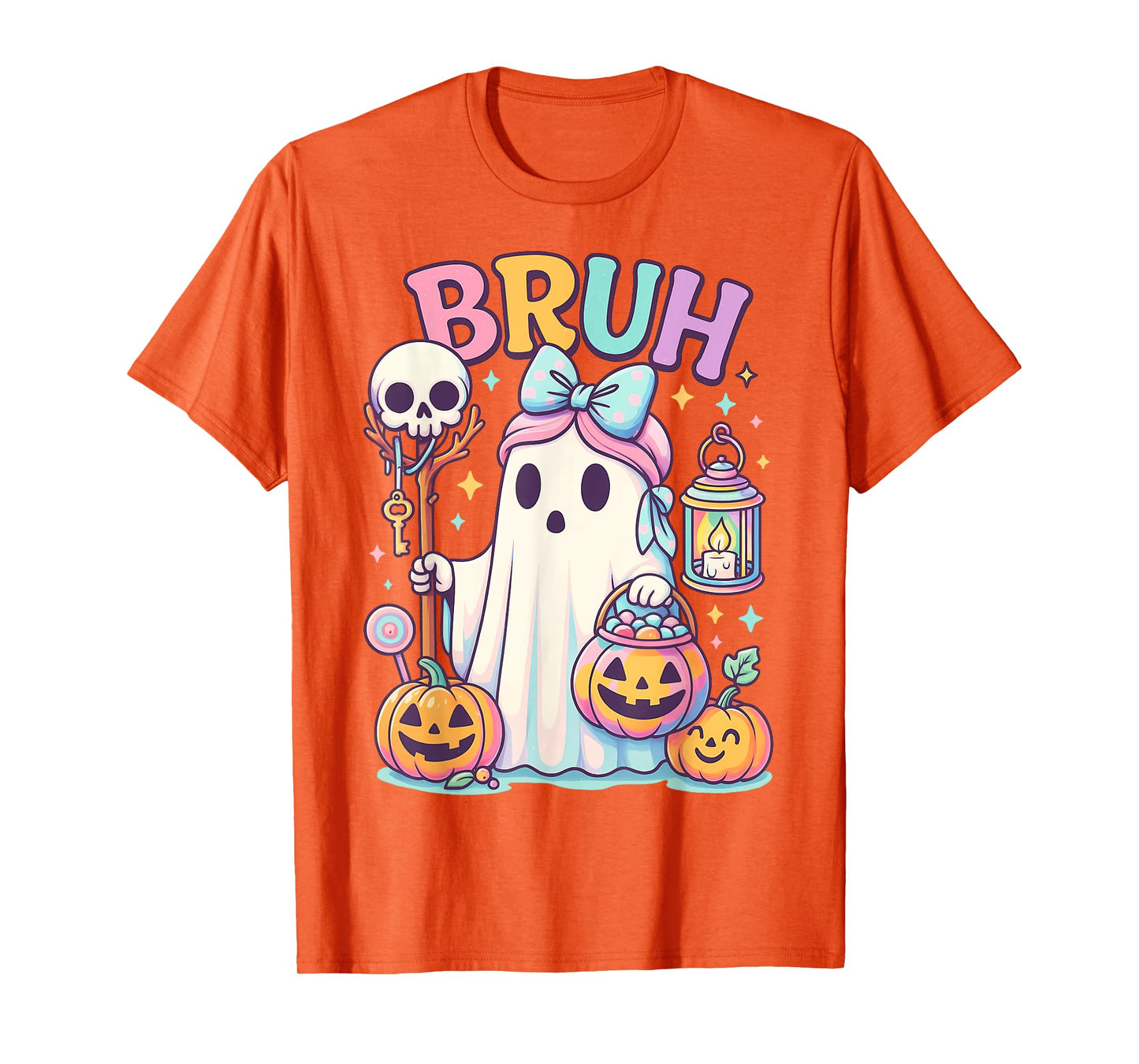 Bruh Halloween Cute Ghost Trick Or Treat Candy Bow Girl Kids T-Shirt