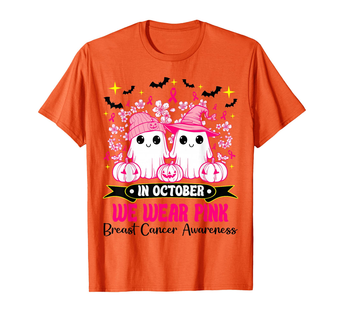 in October We Wear Pink Ghost Witch Breast Cancer Awareness T-Shirt