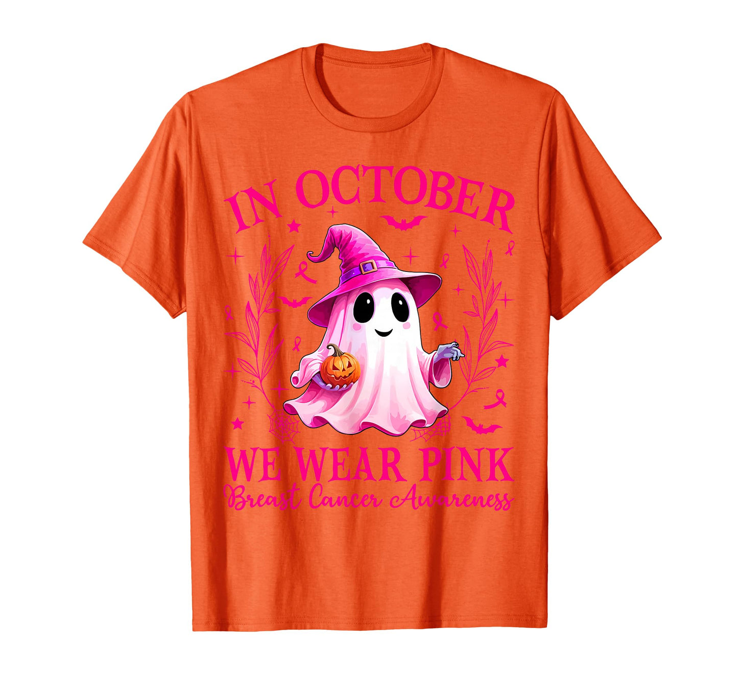 in October We Wear Pink Ghost Witch Breast Cancer Awareness T-Shirt