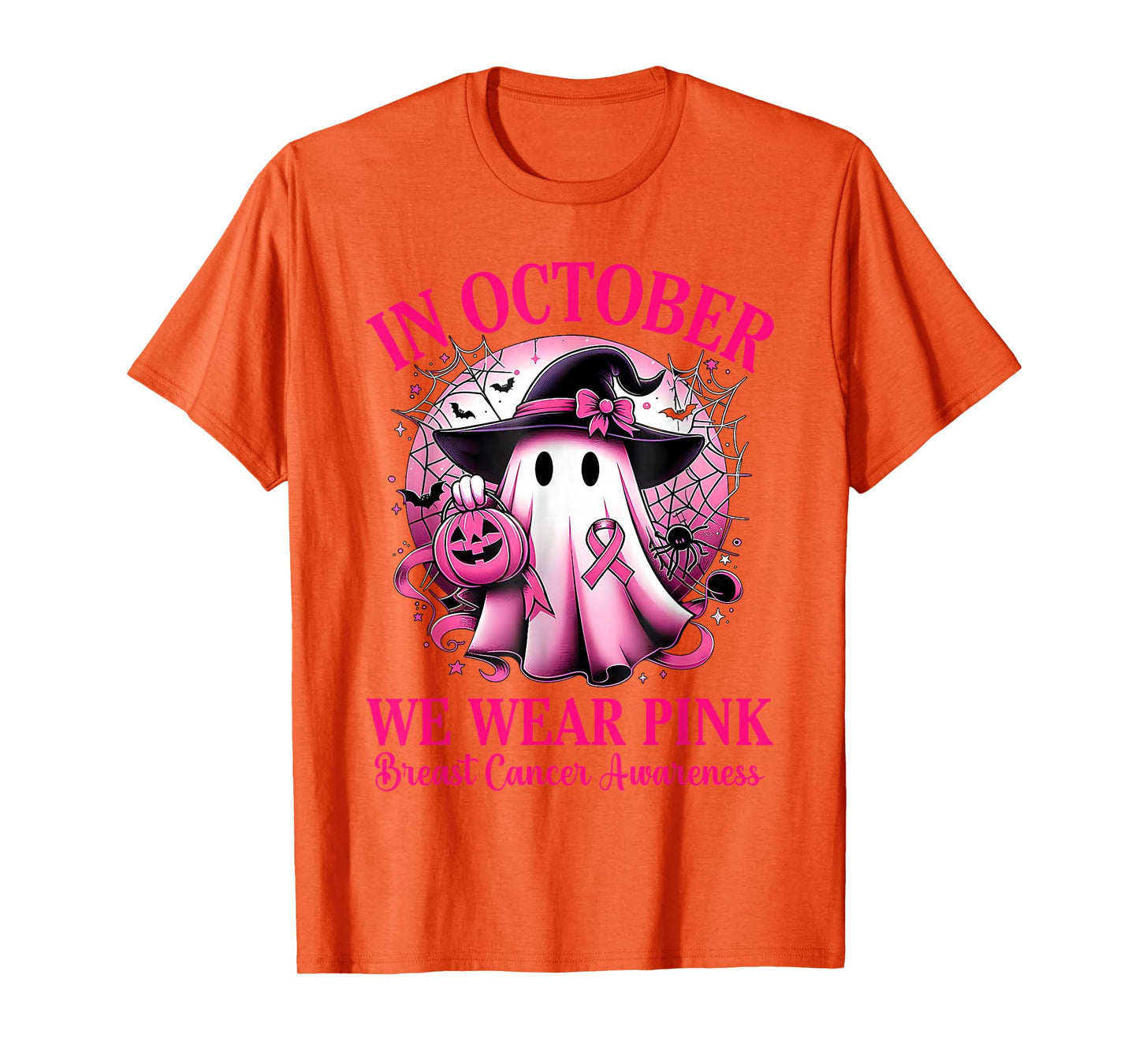 in October We Wear Pink Ghost Witch Breast Cancer Awareness T-Shirt