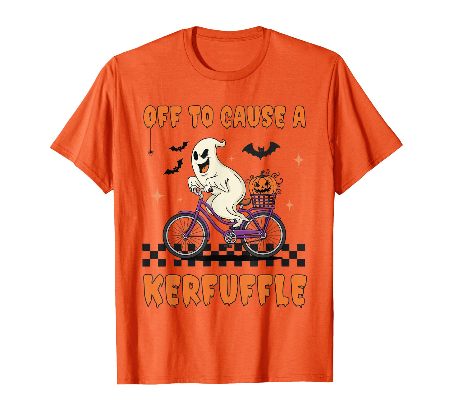 Off to Cause a Kerfuffle Scary Ghost Riding Bike Halloween T-Shirt