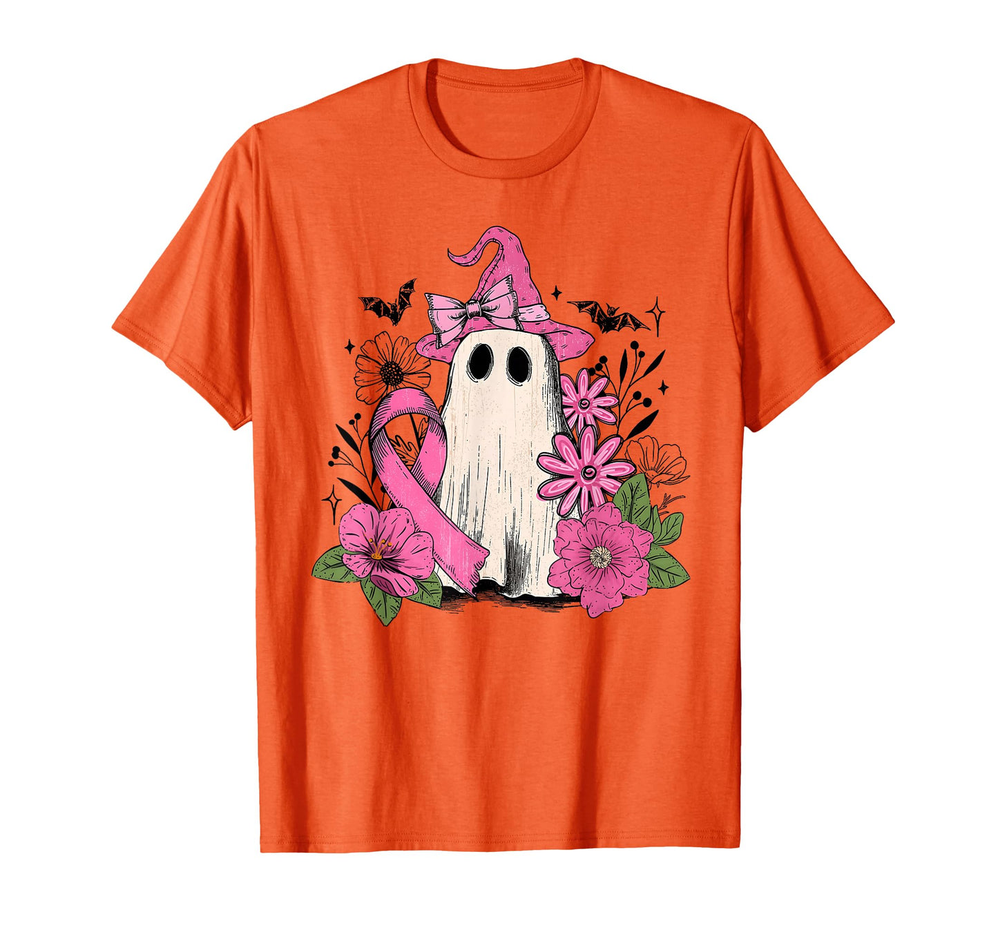 Pink Ribbon Floral Ghost Witch Breast Cancer Awareness T-Shirt