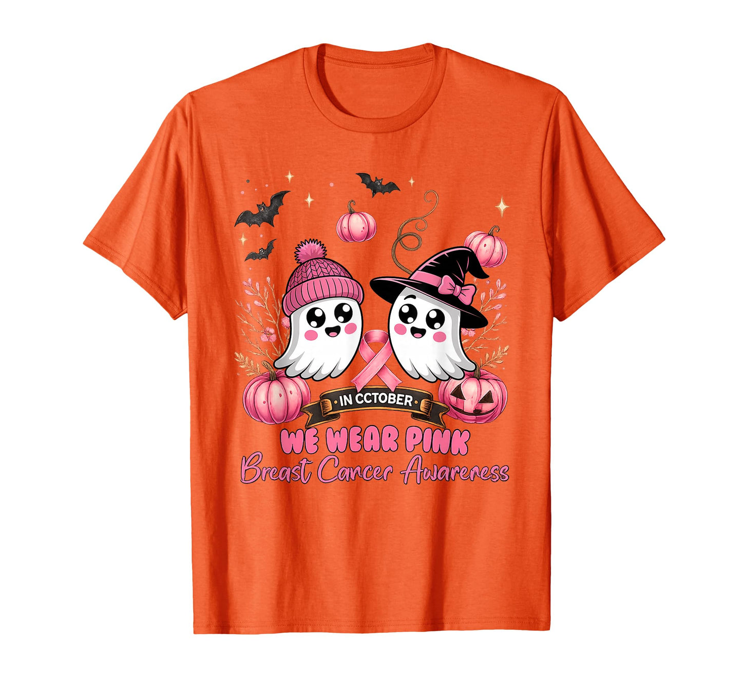 in October We Wear Pink Ghost Witch Breast Cancer Awareness T-Shirt