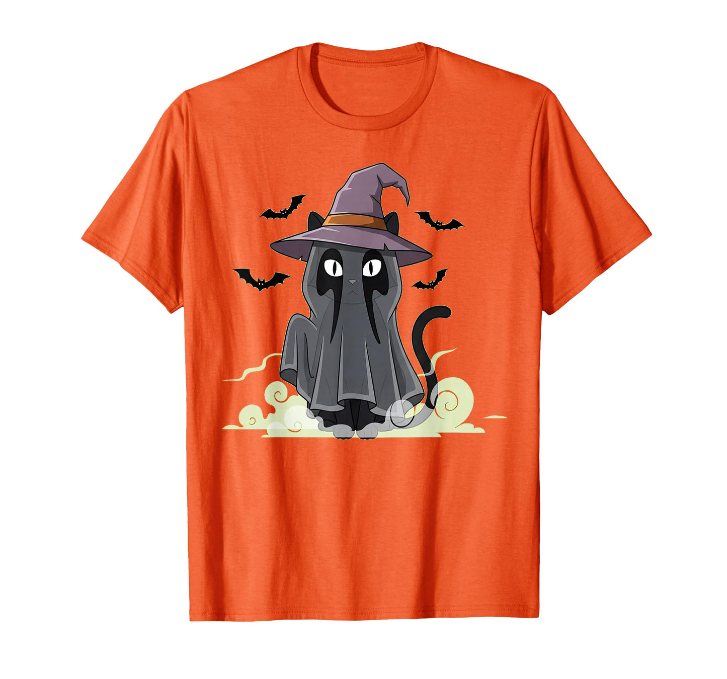 Cat Ghost Black Bats in Purple Witch Hat for Halloween T-Shirt