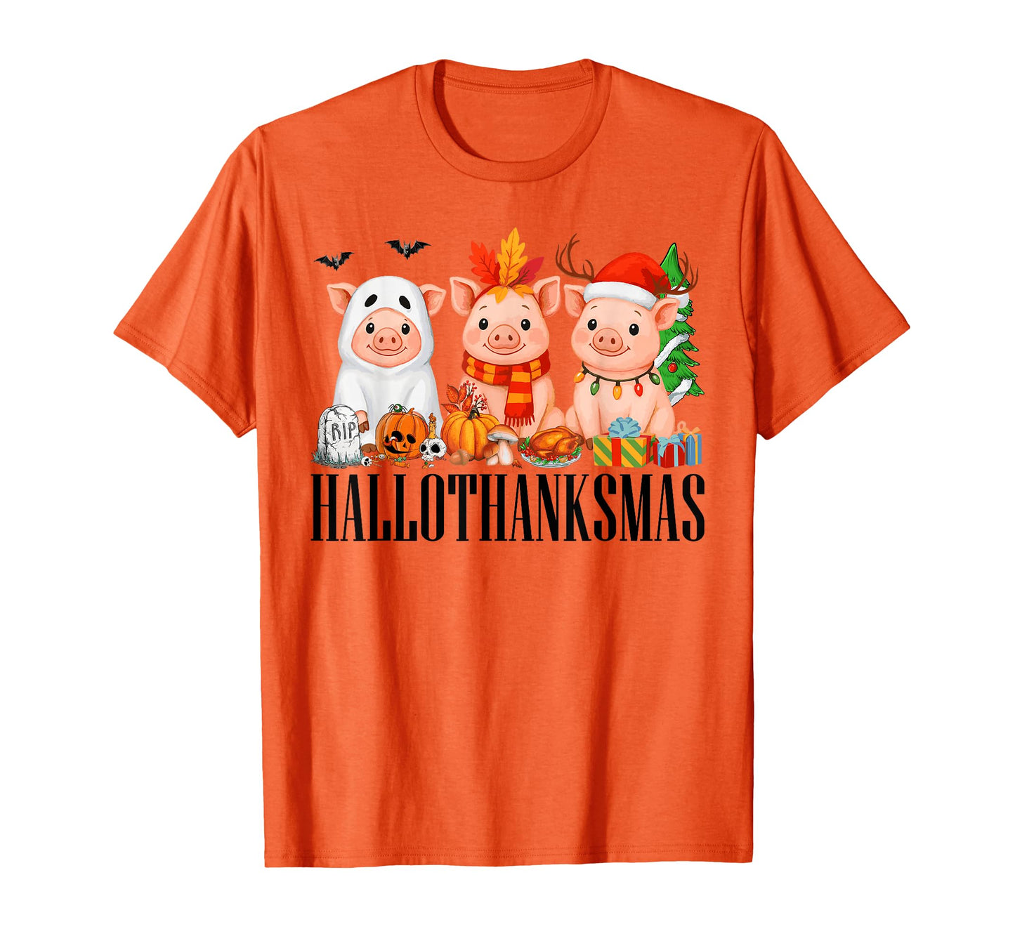 Happy Hallothanksmas Halloween Thanksgiving Christmas Pigs T-Shirt