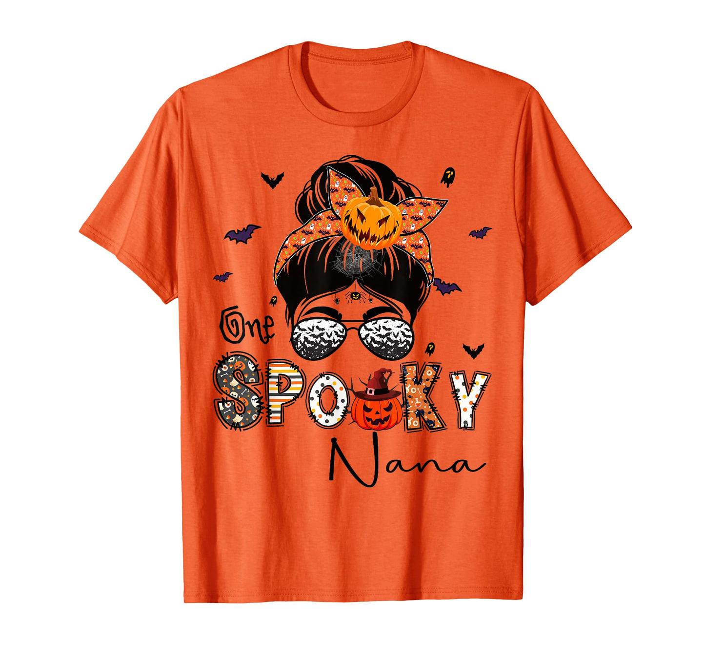 One Spooky Nana Messy Bun Grandma Pumpkin Halloween T-Shirt