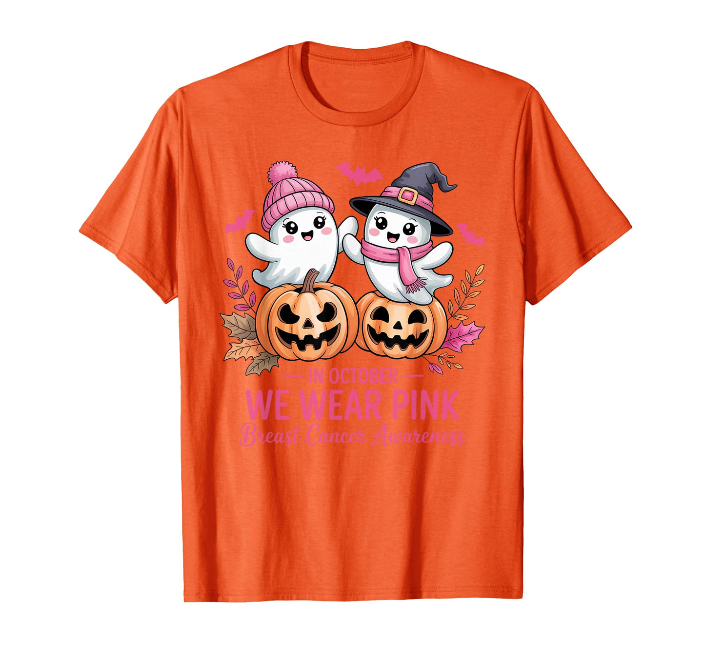 in October We Wear Pink Ghost Witch Breast Cancer Awareness T-Shirt